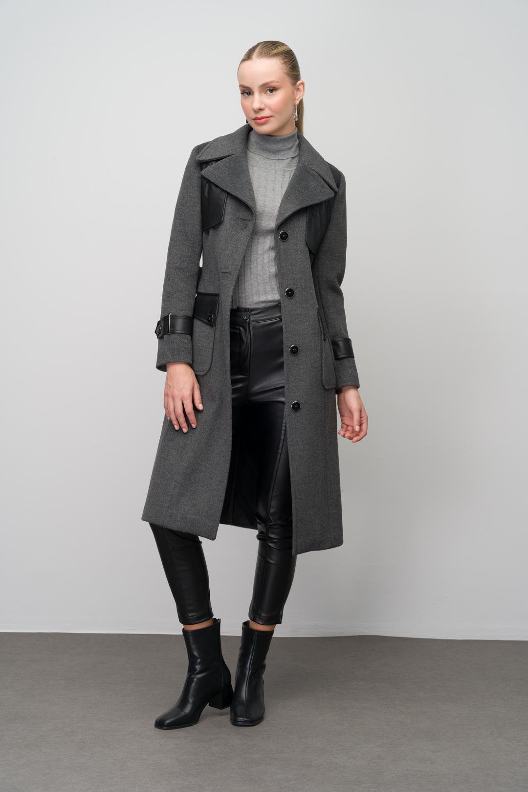 Men's Leather Cape and Garni Detailed Coat DARK GREY 3083