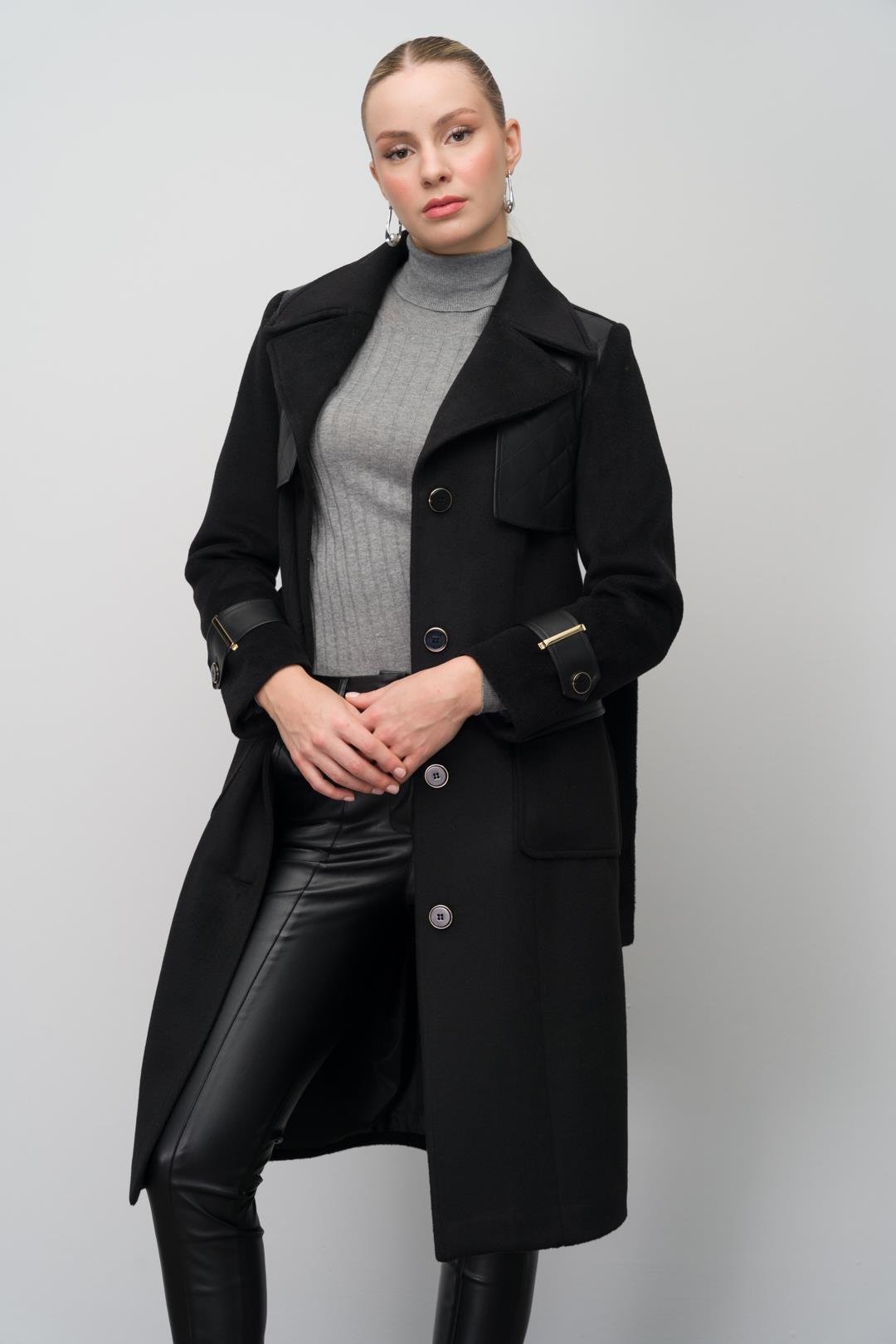 Men's Leather Cape and Garni Detailed Coat BLACK 3083