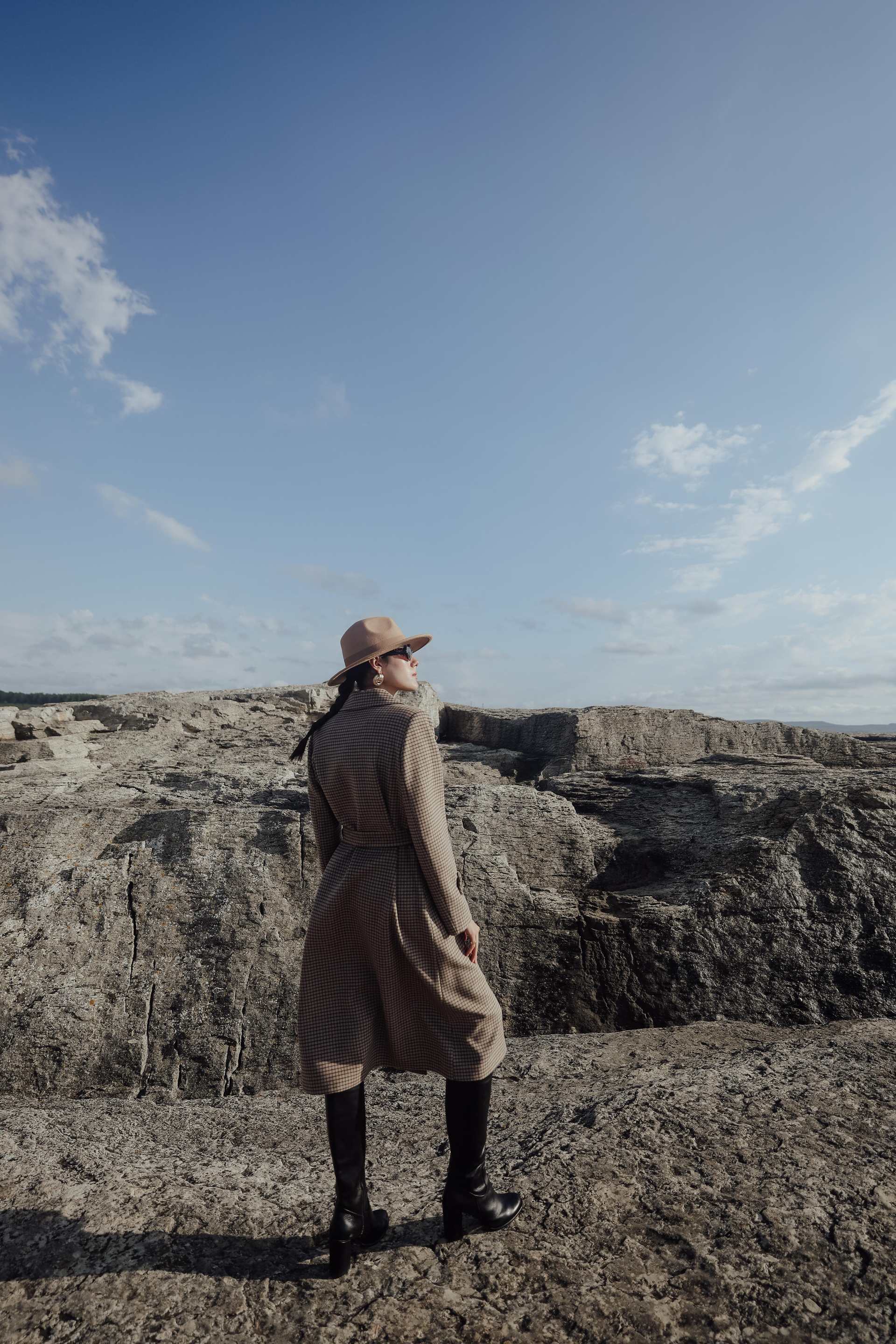 Erkek Yaka Kare Desenli Kaşmir Kaban KAMEL 3028