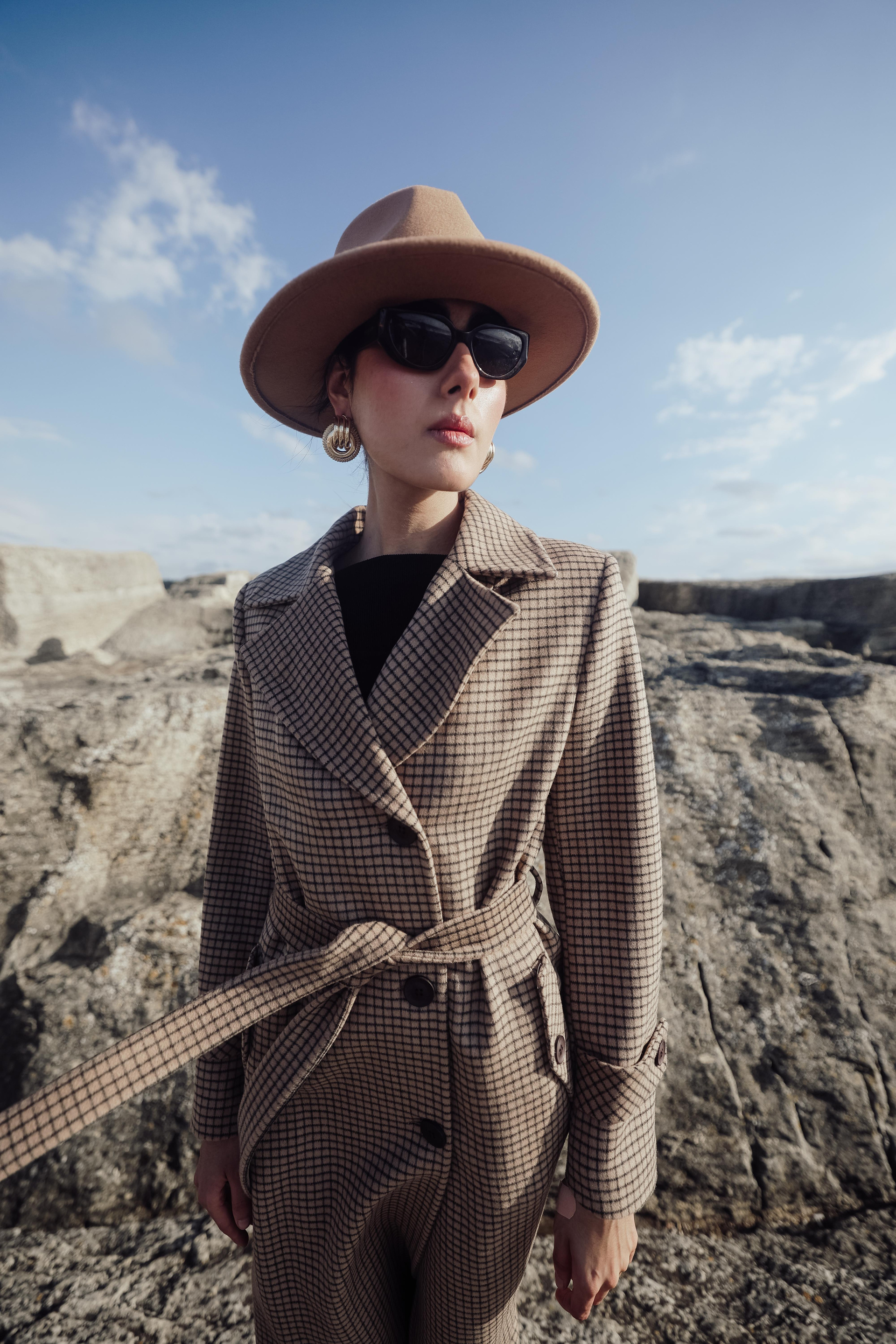 Erkek Yaka Kare Desenli Kaşmir Kaban KAMEL 3028