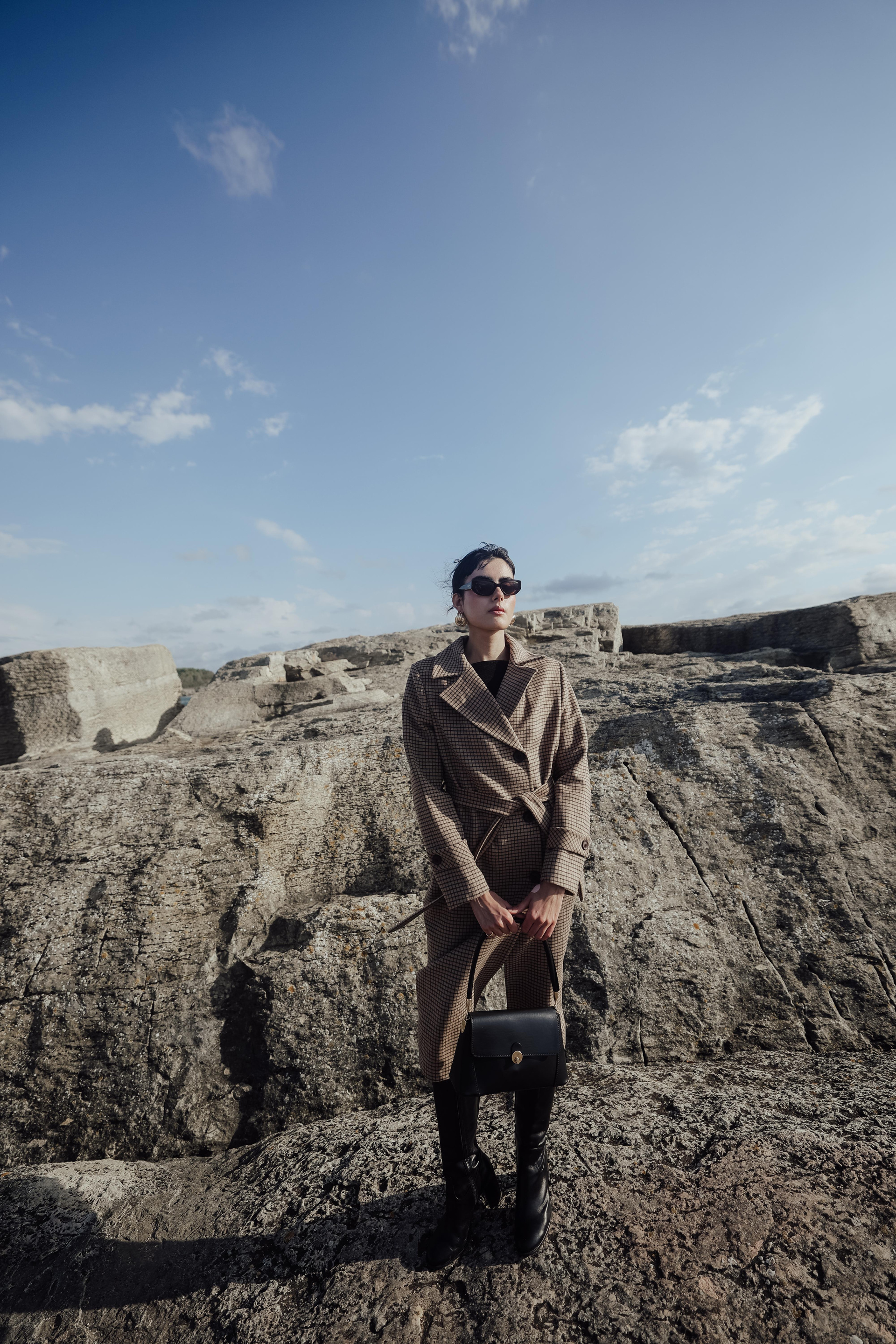 Erkek Yaka Kare Desenli Kaşmir Kaban KAMEL 3028