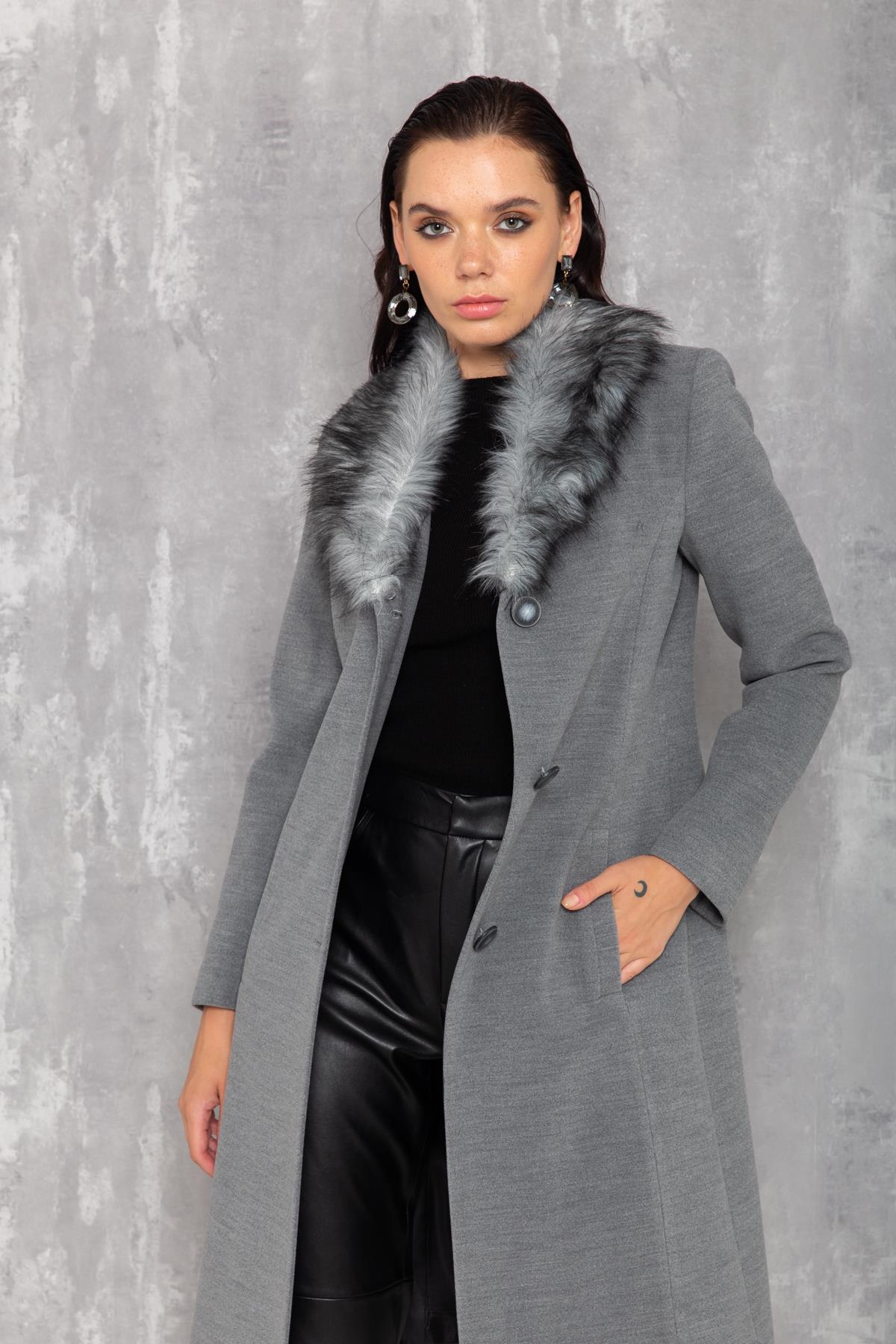 Men's Fur Coat with Removable Collar GREY 3620-Y