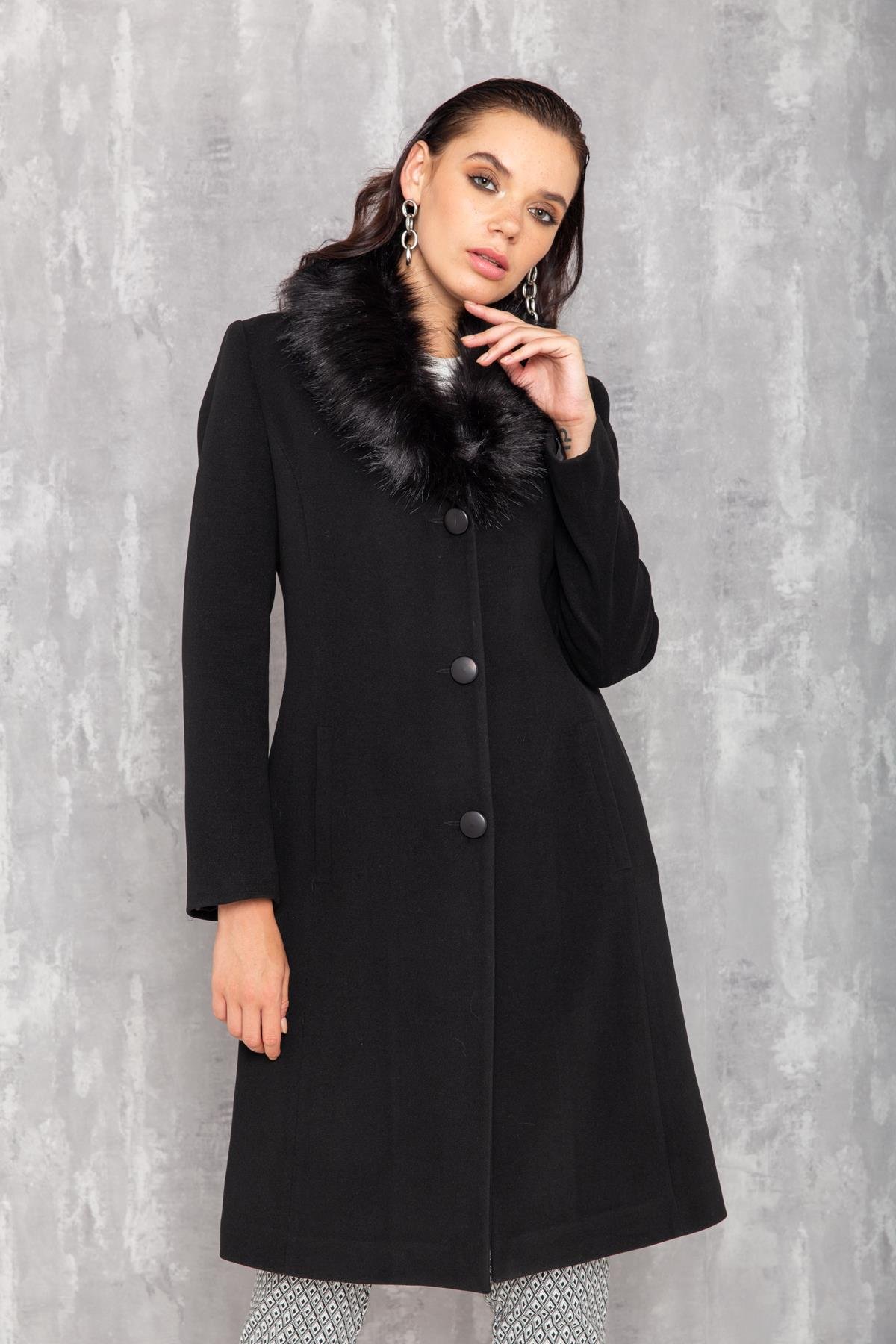 معطف فرو رجالي بياقة قابلة للإزالة أسود 3620-Y