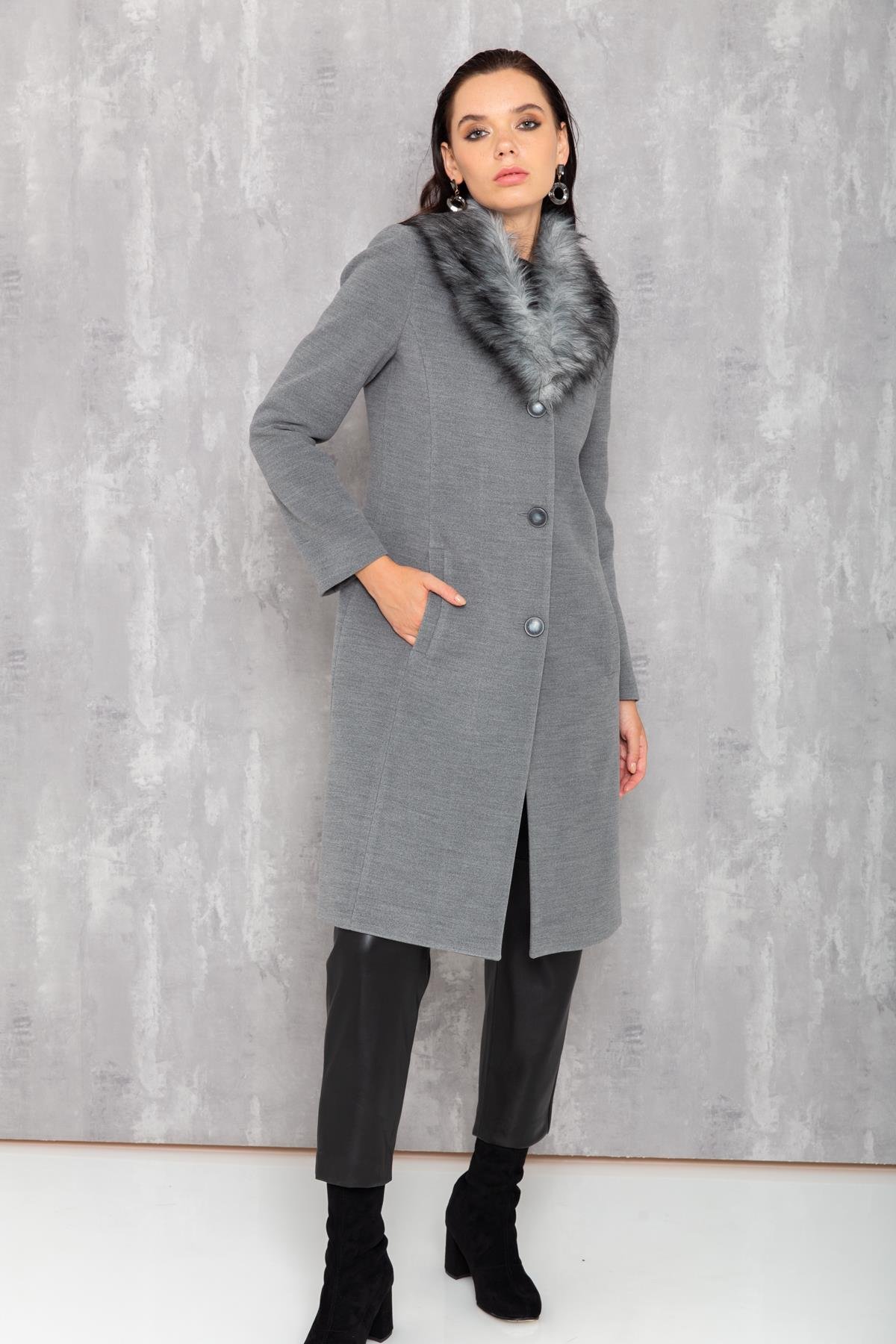 Men's Fur Coat with Removable Collar GREY 3620-Y