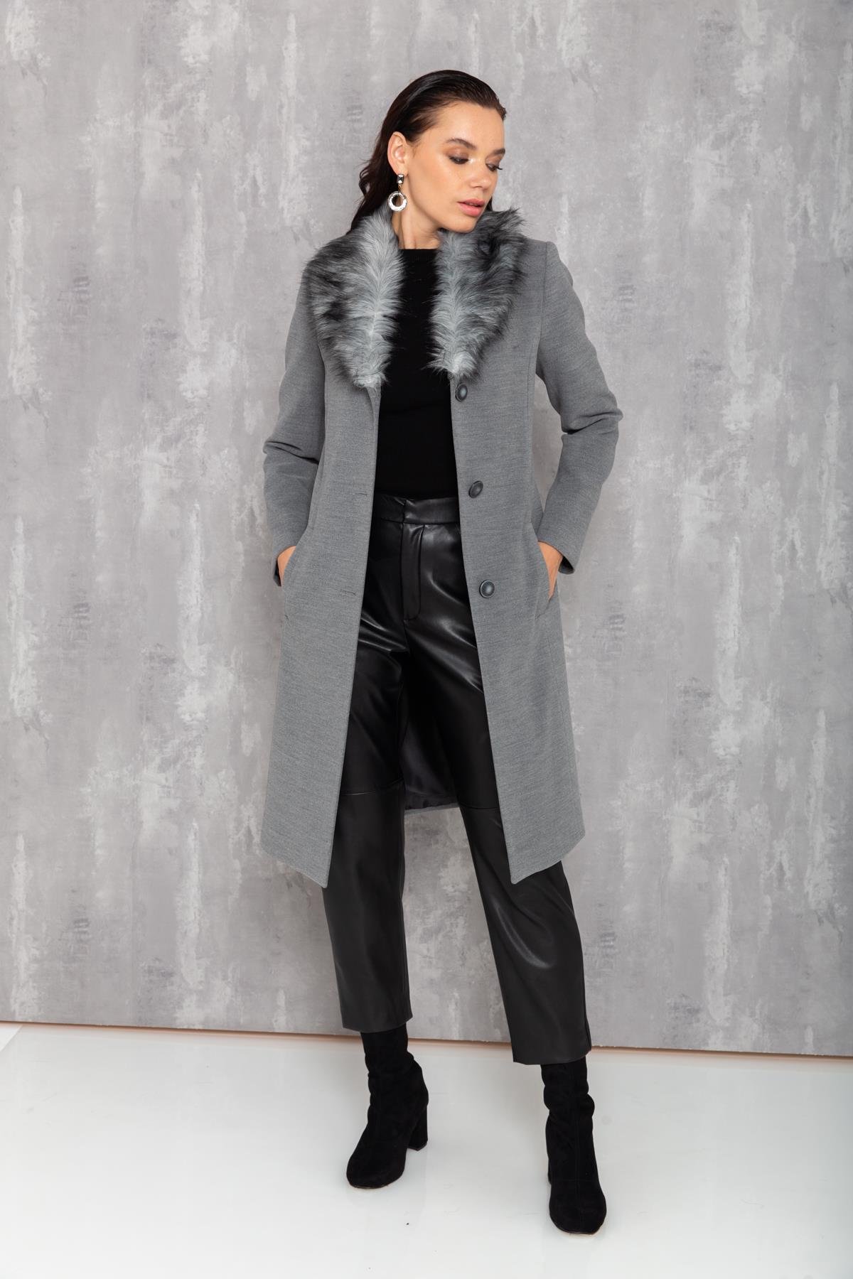 Men's Fur Coat with Removable Collar GREY 3620-Y