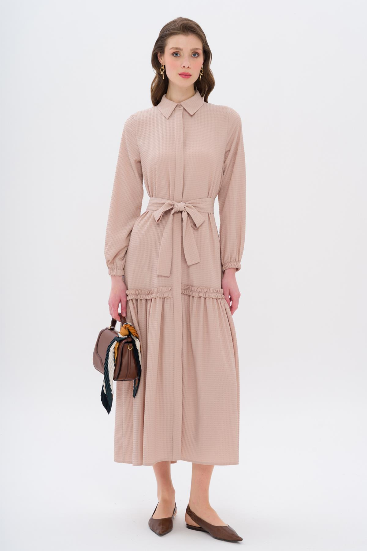 Long Dress with Pleated Skirt and Belt at Waist AGE 9766-E