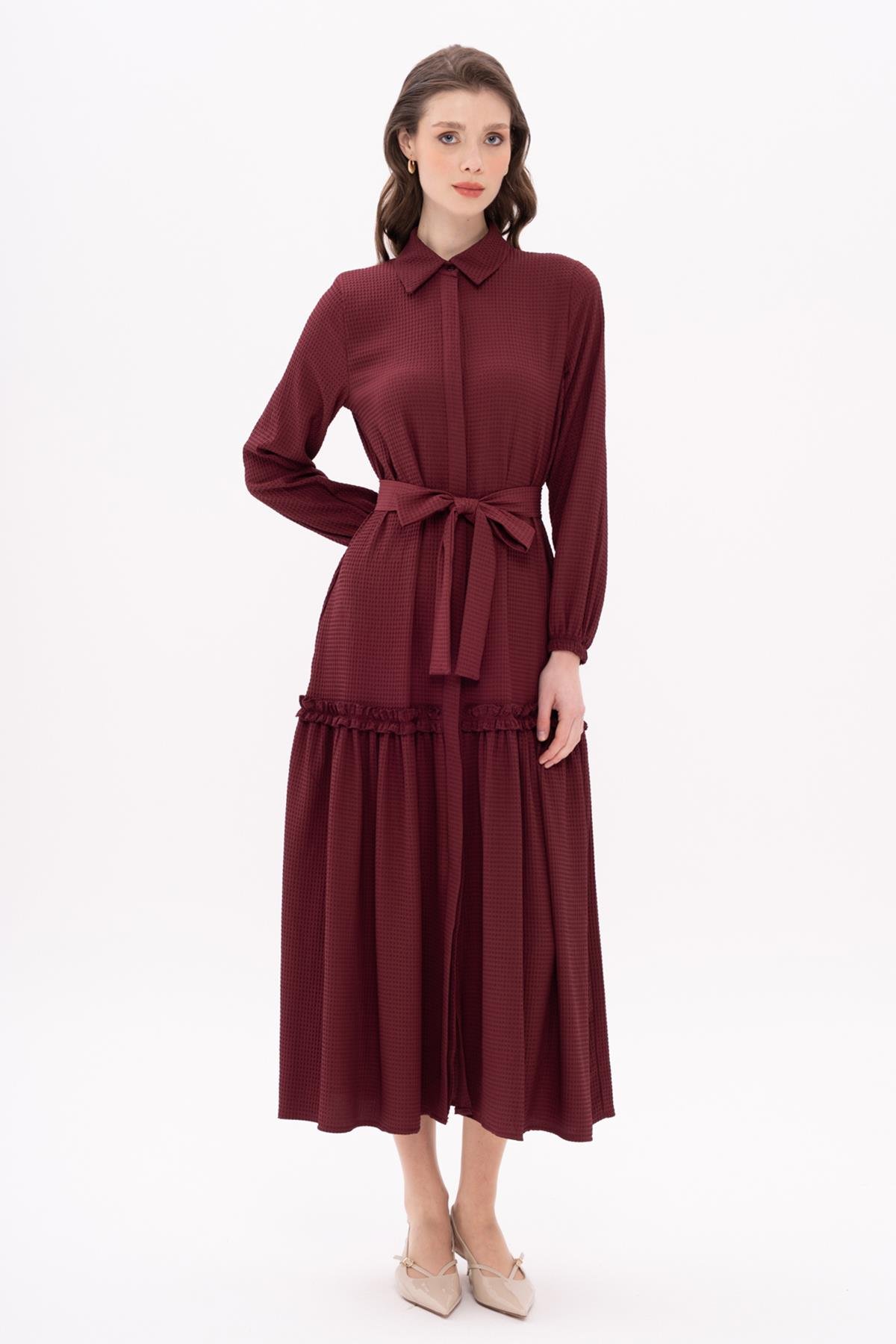 Eteği Büzgülü Belden Kuşaklı Uzun Elbise BORDO 9766-E