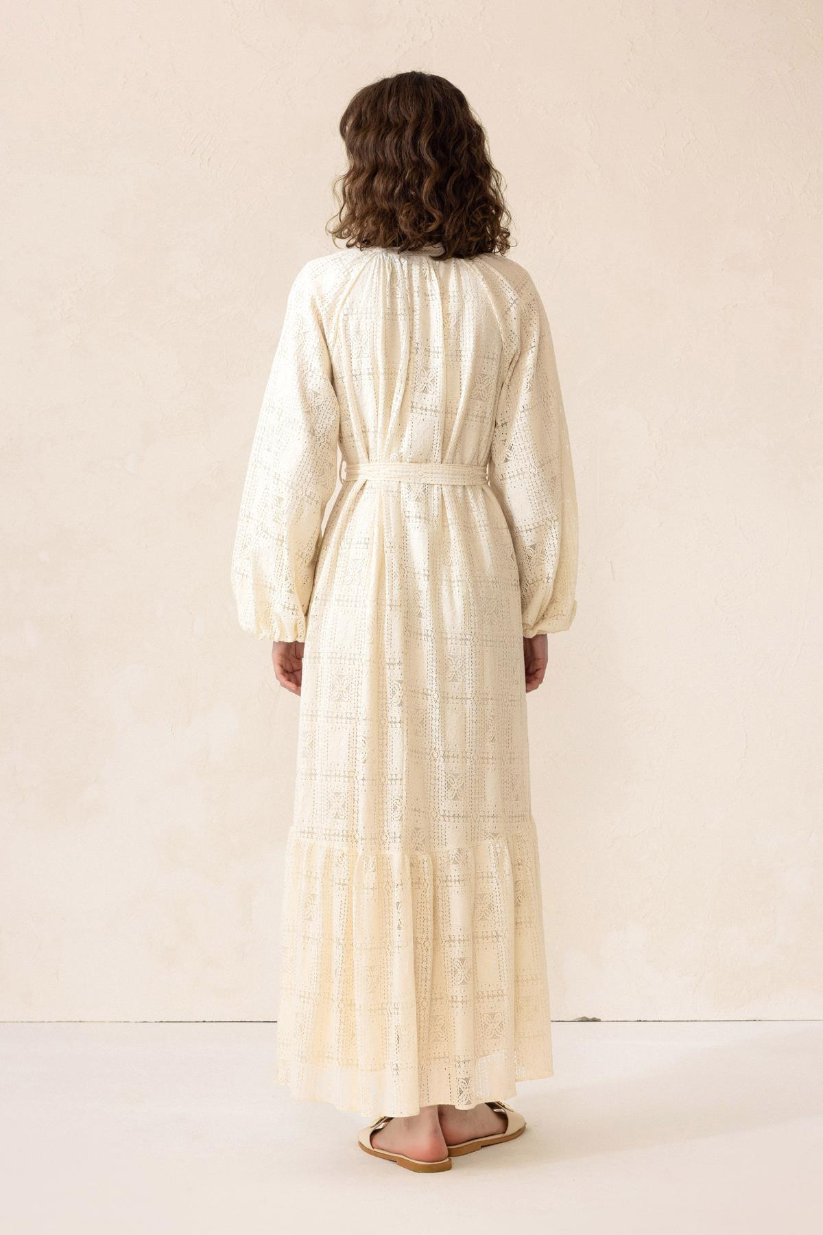 Eteği Volanlı Güpür Elbise BEJ 9295-E