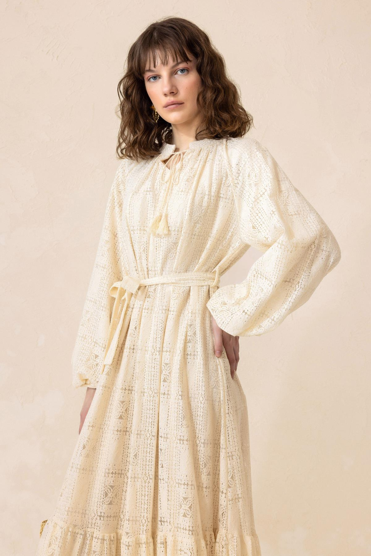 Eteği Volanlı Güpür Elbise BEJ 9295-E