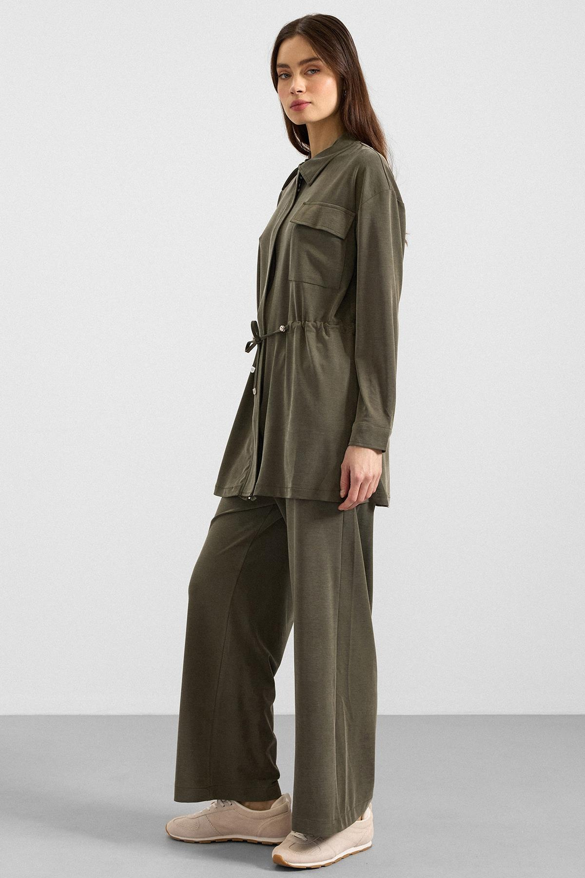 Fermuar Kapamalı Beli Büzgülü Premium Kumaş Sweat Pantolon Takım HAKİ 9406-TK