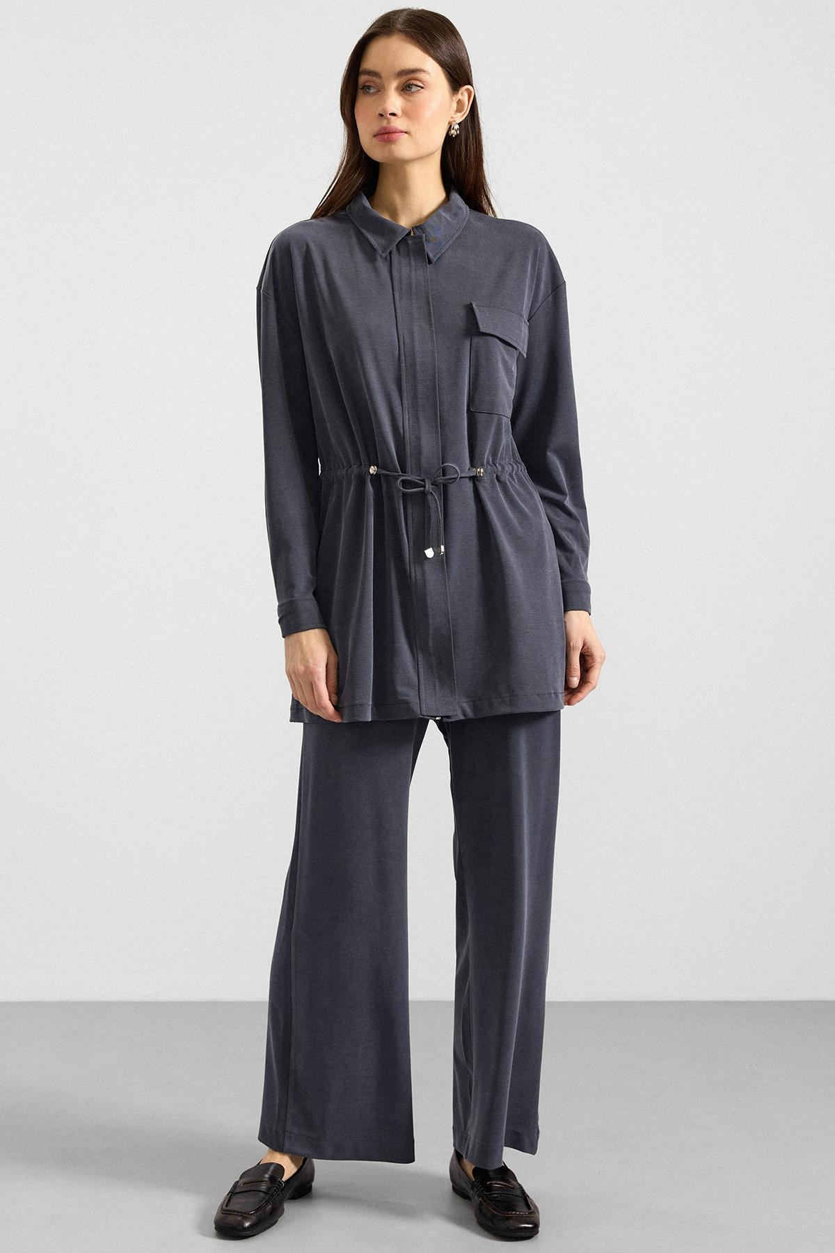 Fermuar Kapamalı Beli Büzgülü Premium Kumaş Sweat Pantolon Takım LACİVERT 9406-TK