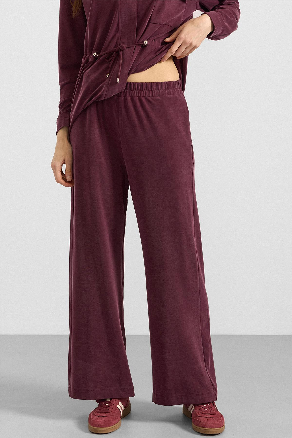 Fermuar Kapamalı Beli Büzgülü Premium Kumaş Sweat Pantolon Takım BORDO 9406-TK