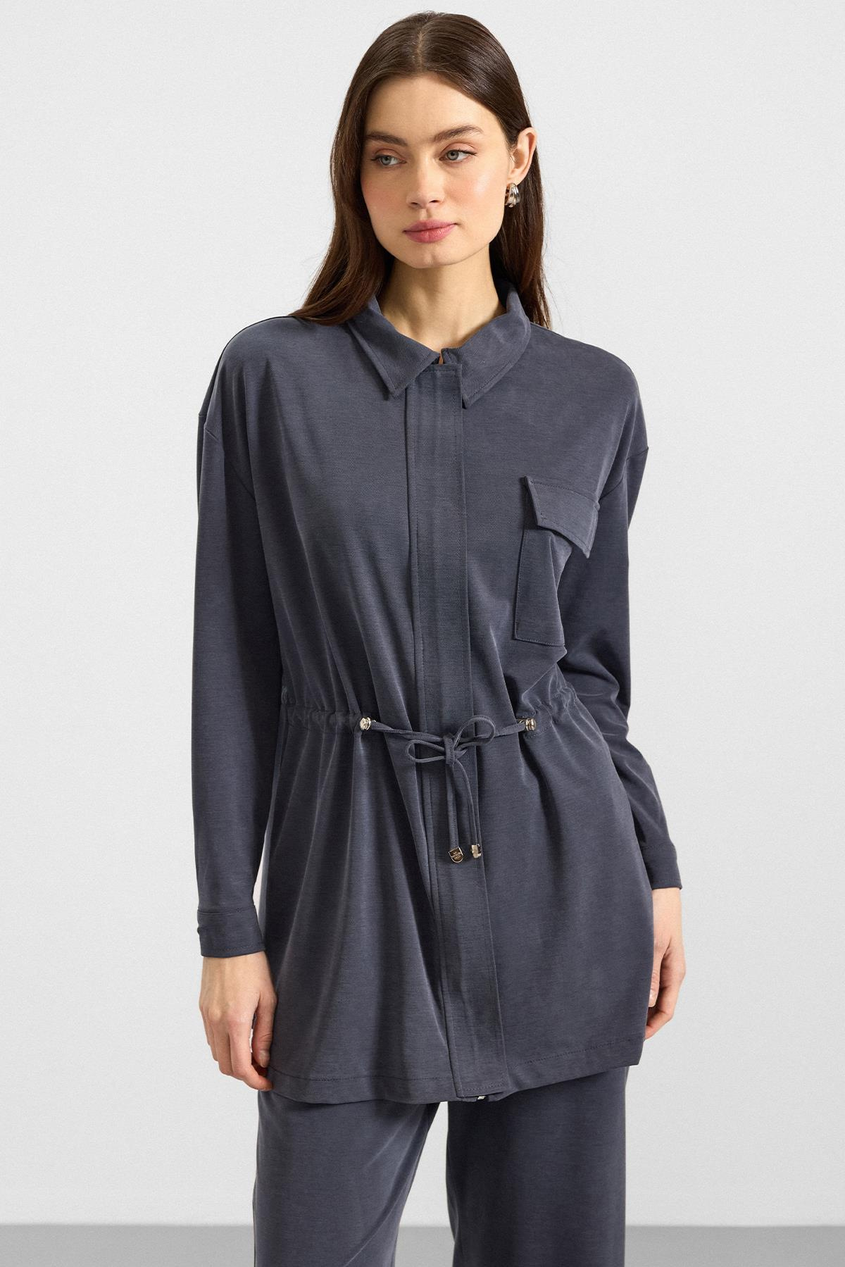 Fermuar Kapamalı Beli Büzgülü Premium Kumaş Sweat Pantolon Takım LACİVERT 9406-TK