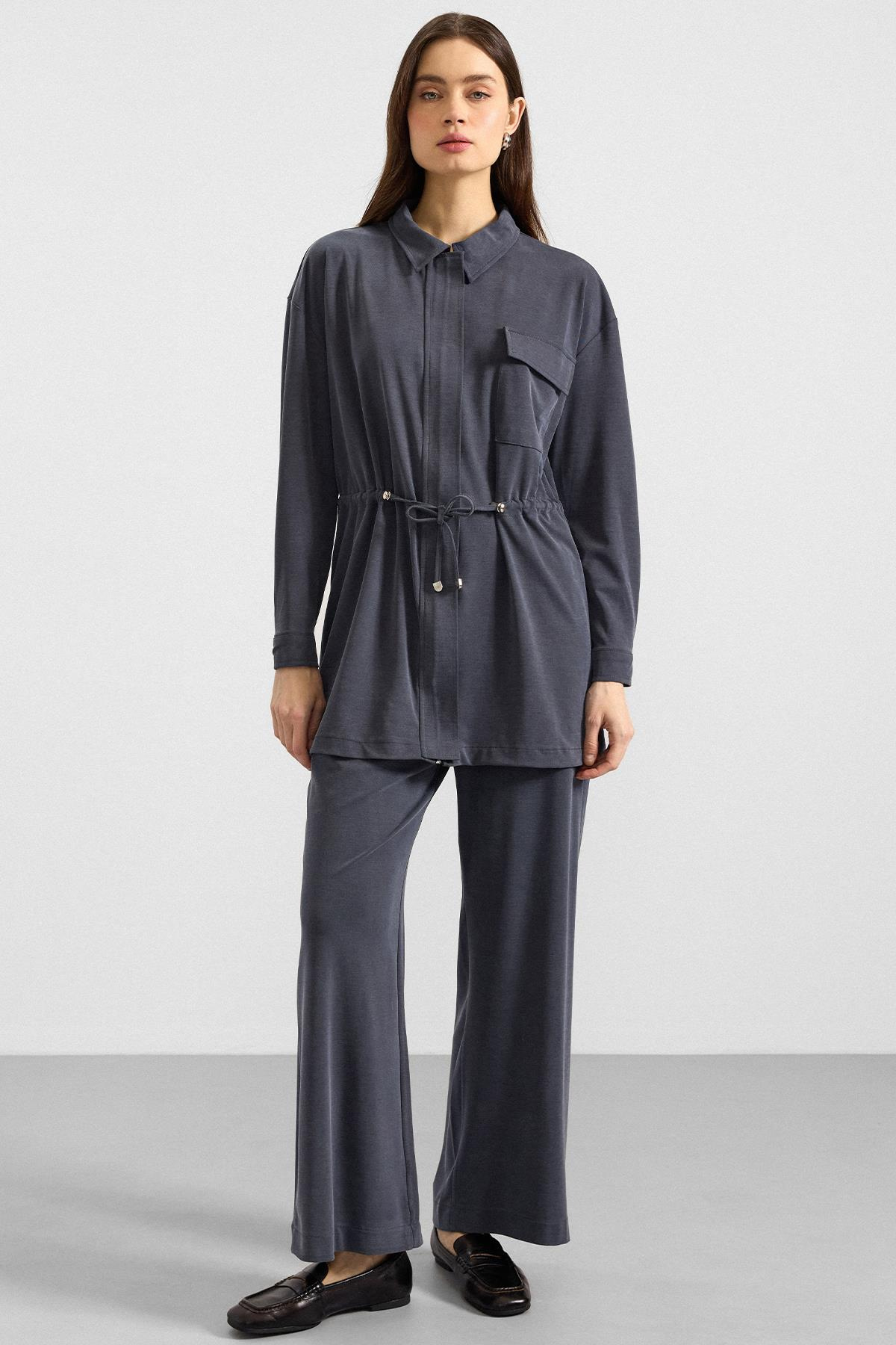 Fermuar Kapamalı Beli Büzgülü Premium Kumaş Sweat Pantolon Takım LACİVERT 9406-TK