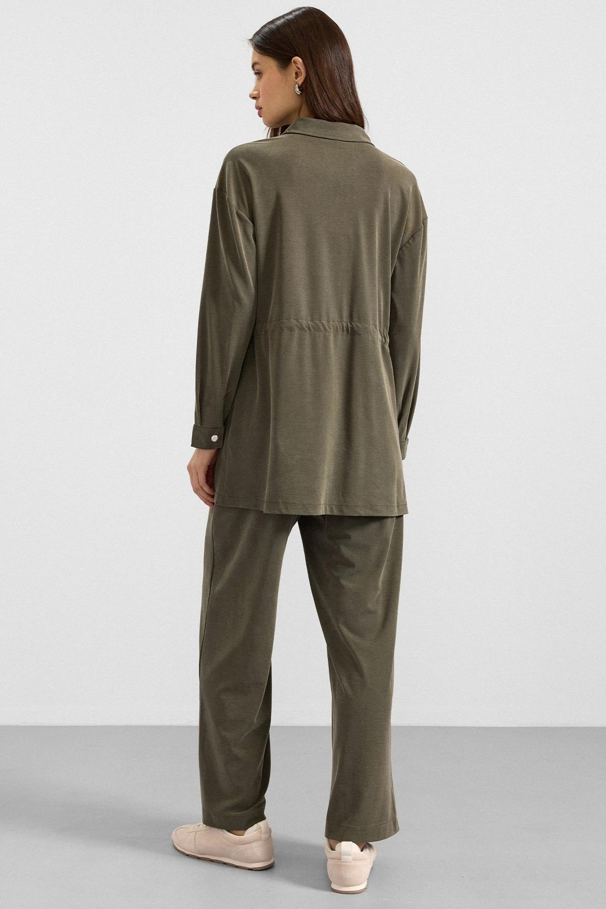 Fermuar Kapamalı Beli Büzgülü Premium Kumaş Sweat Pantolon Takım HAKİ 9406-TK