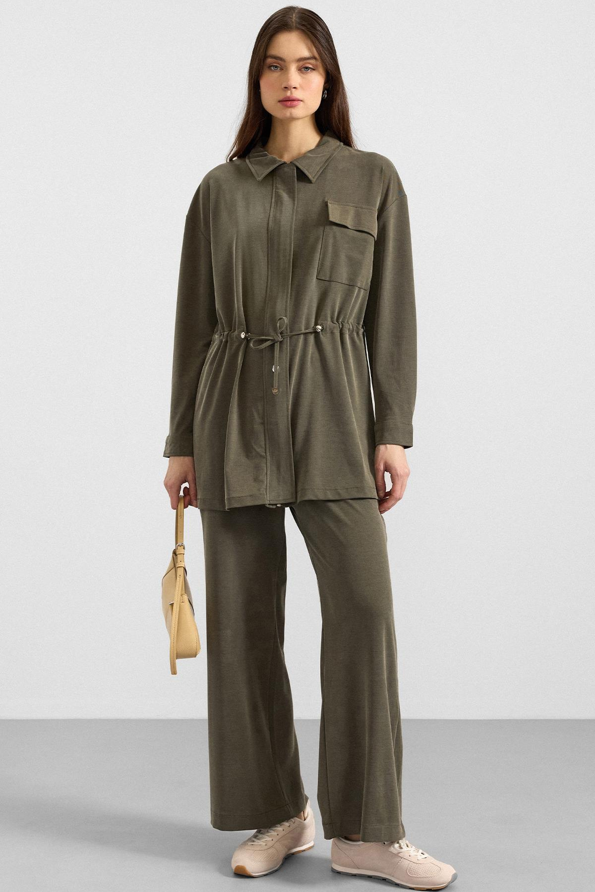 Fermuar Kapamalı Beli Büzgülü Premium Kumaş Sweat Pantolon Takım HAKİ 9406-TK