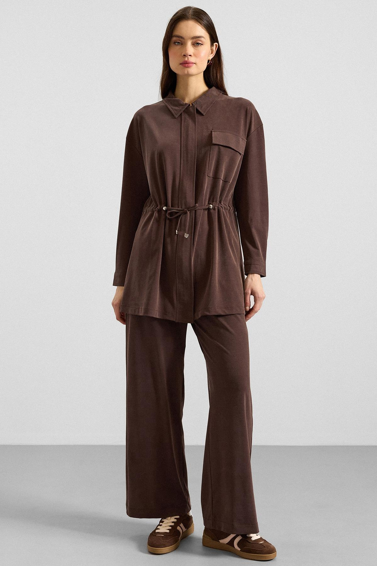 Fermuar Kapamalı Beli Büzgülü Premium Kumaş Sweat Pantolon Takım KAHVE 9406-TK