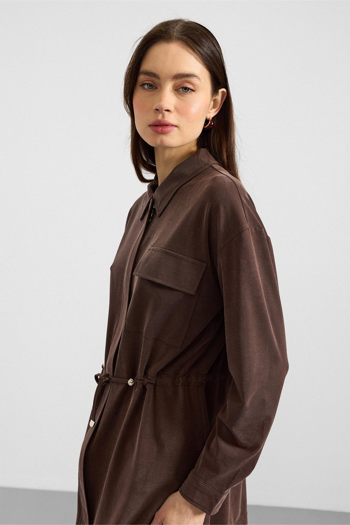 Fermuar Kapamalı Beli Büzgülü Premium Kumaş Sweat Pantolon Takım KAHVE 9406-TK