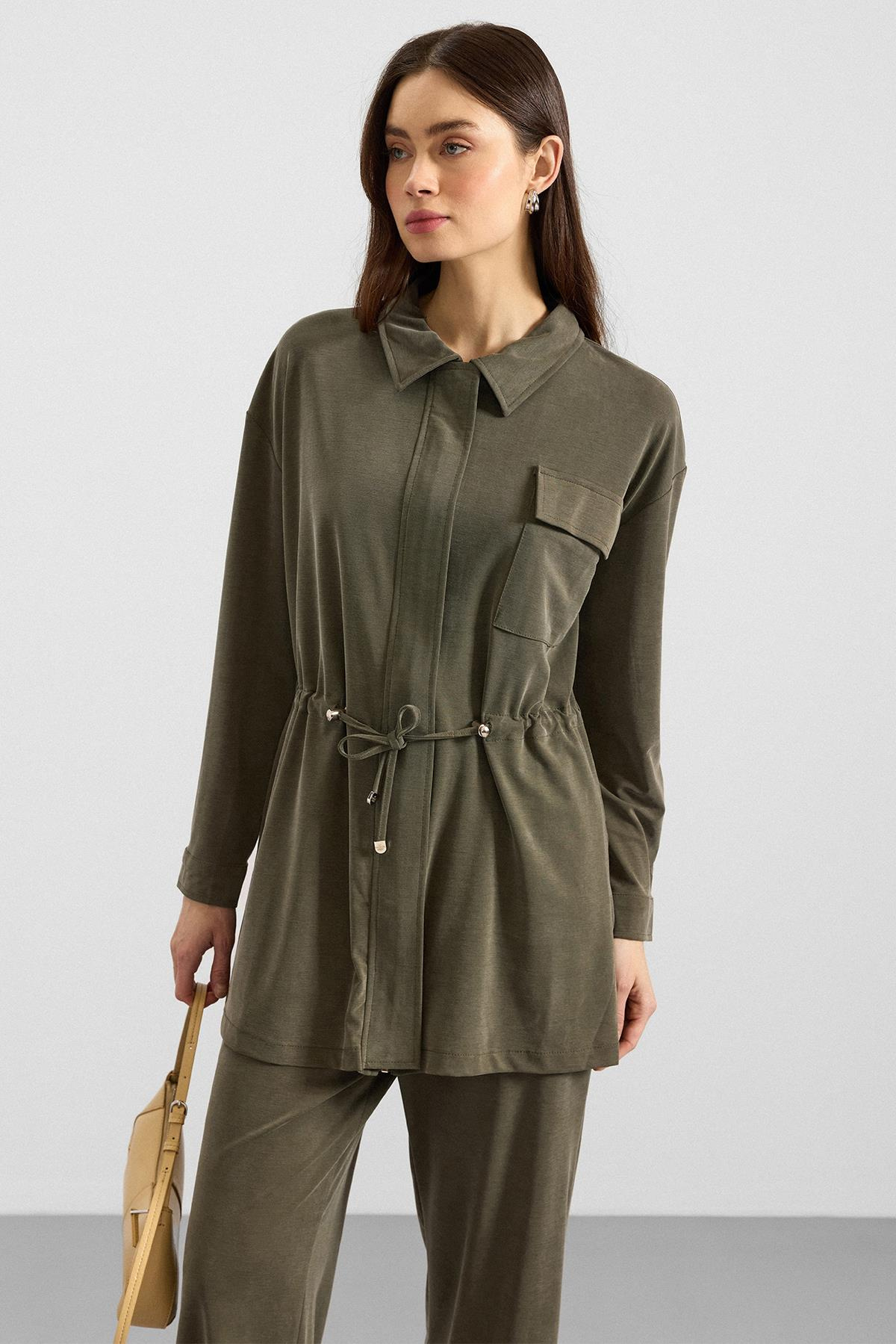 Fermuar Kapamalı Beli Büzgülü Premium Kumaş Sweat Pantolon Takım HAKİ 9406-TK