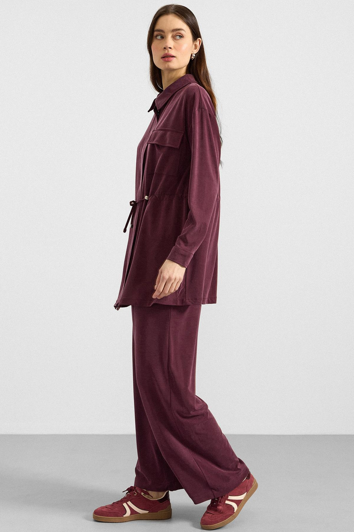 Fermuar Kapamalı Beli Büzgülü Premium Kumaş Sweat Pantolon Takım BORDO 9406-TK