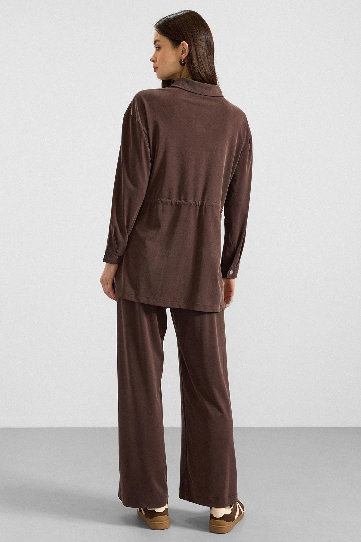 Fermuar Kapamalı Beli Büzgülü Premium Kumaş Sweat Pantolon Takım KAHVE 9406-TK