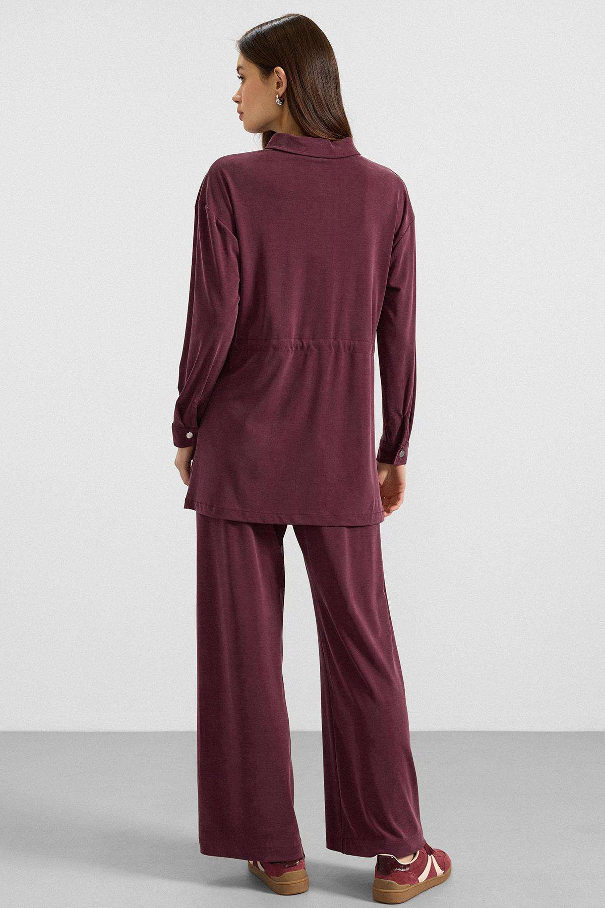 Fermuar Kapamalı Beli Büzgülü Premium Kumaş Sweat Pantolon Takım BORDO 9406-TK