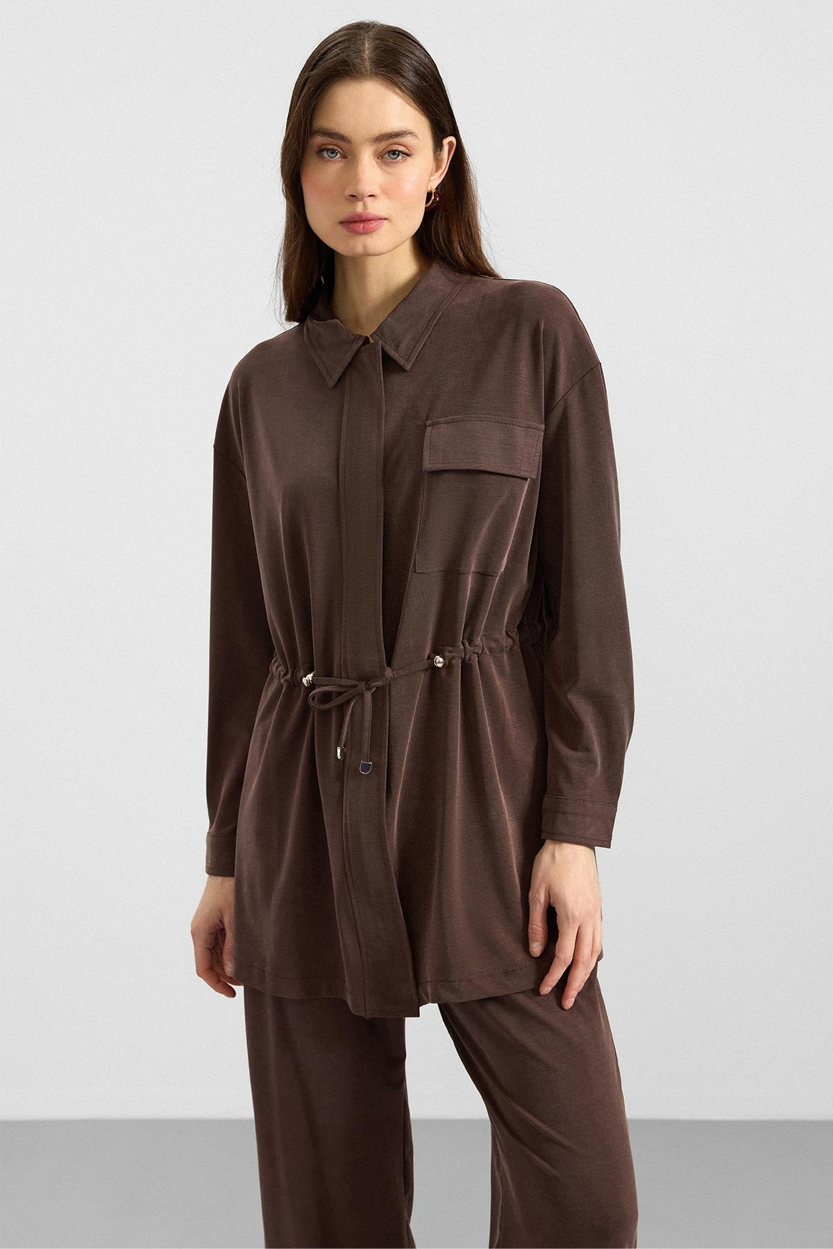 Fermuar Kapamalı Beli Büzgülü Premium Kumaş Sweat Pantolon Takım KAHVE 9406-TK