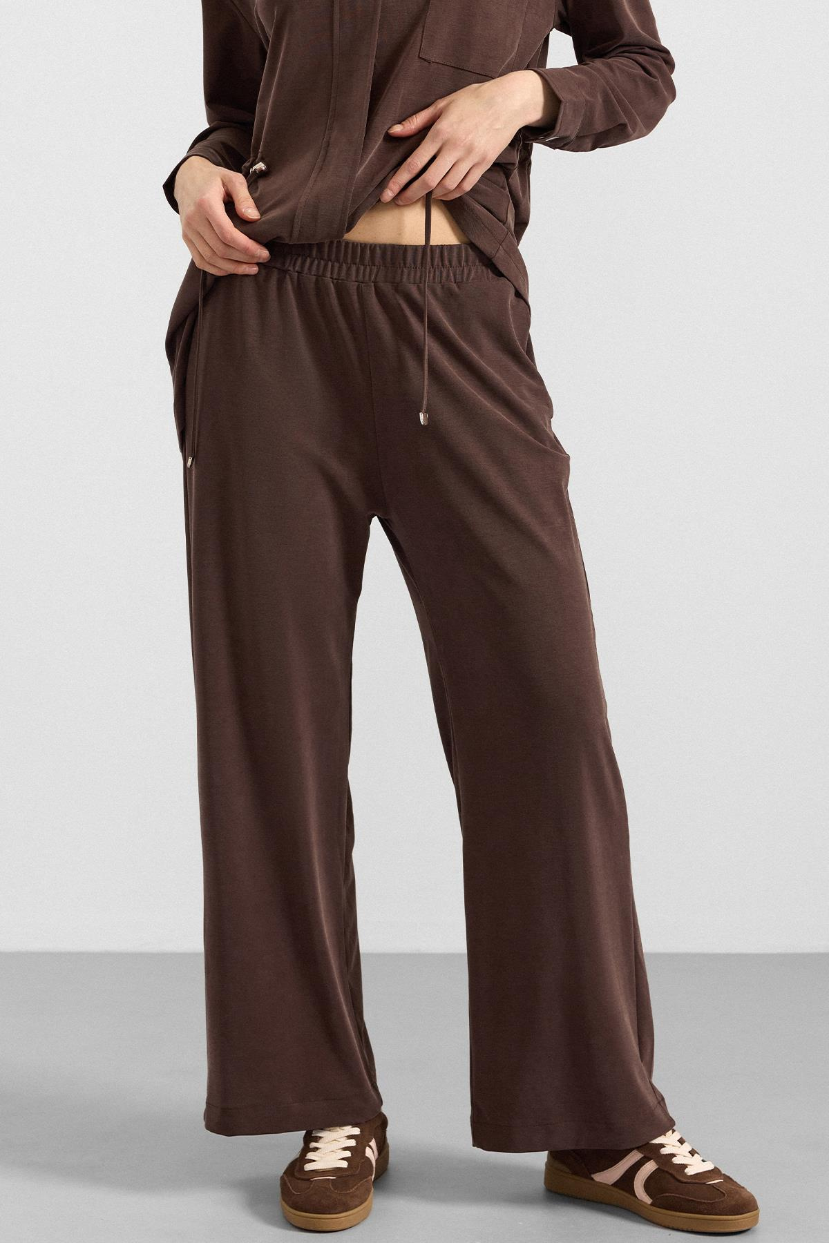 Fermuar Kapamalı Beli Büzgülü Premium Kumaş Sweat Pantolon Takım KAHVE 9406-TK