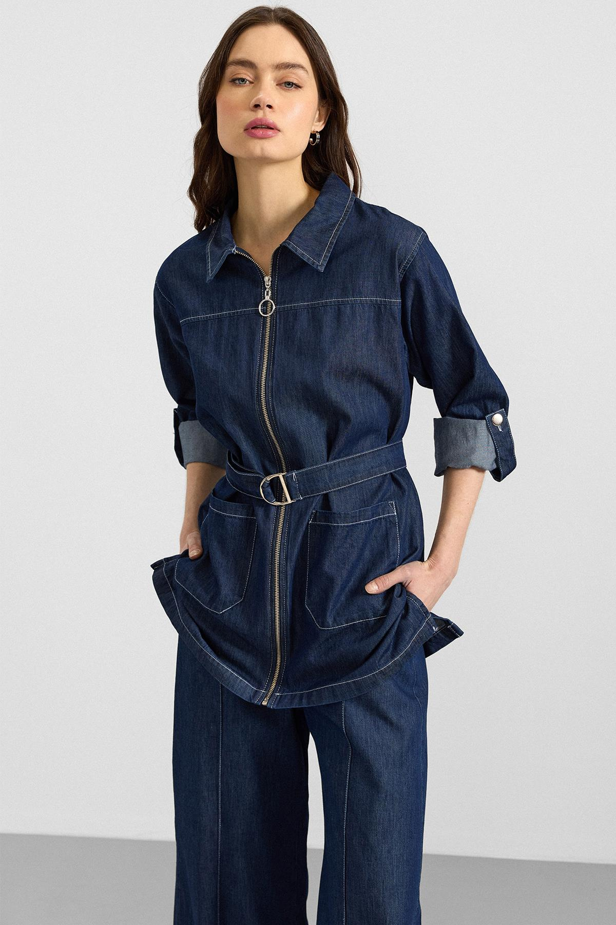 Fermuar Kapamalı Bol Paça Denim İkili Takım KOYU MAVİ 9392-TK