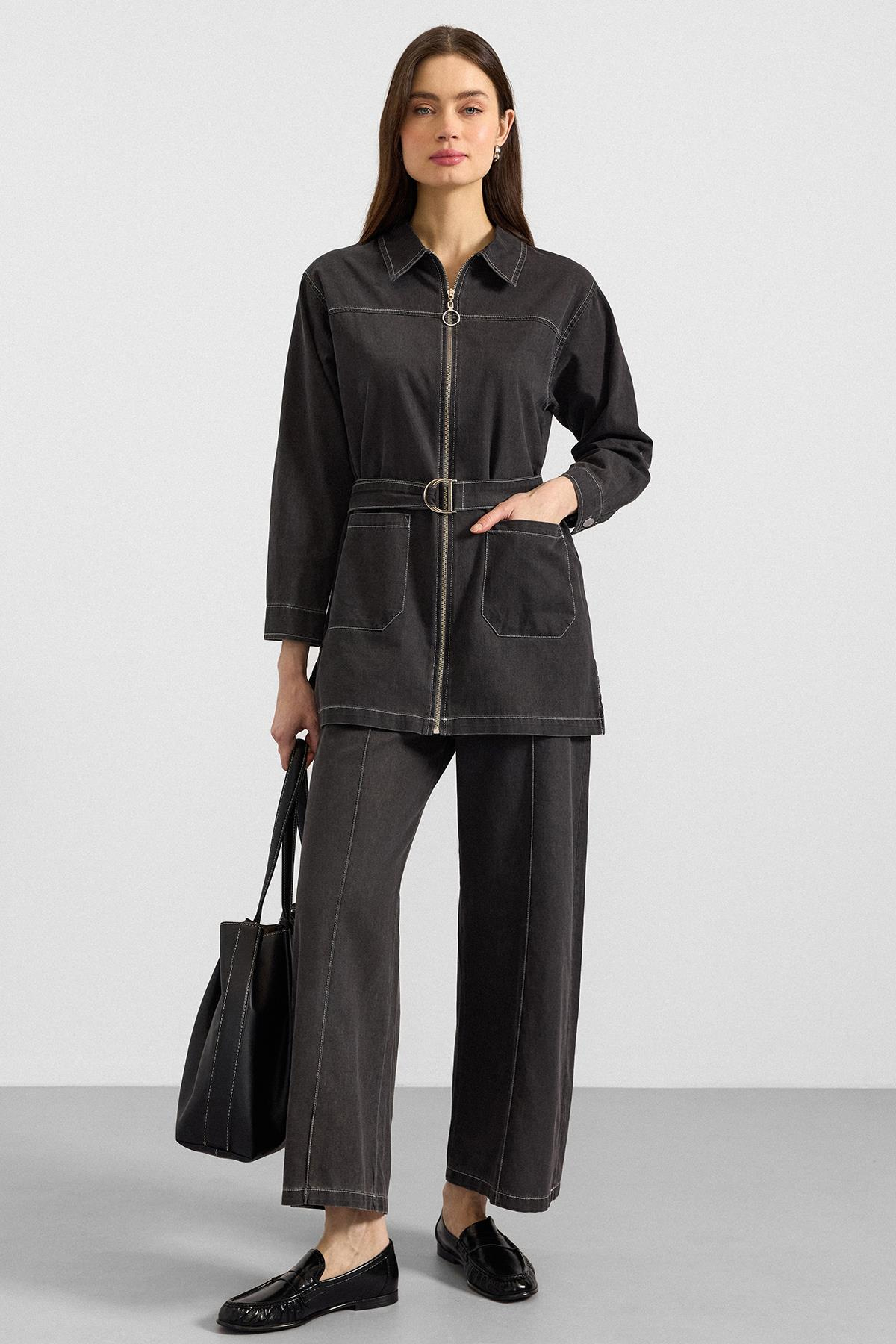 Fermuar Kapamalı Bol Paça Denim İkili Takım ANTRASİT 9392-TK