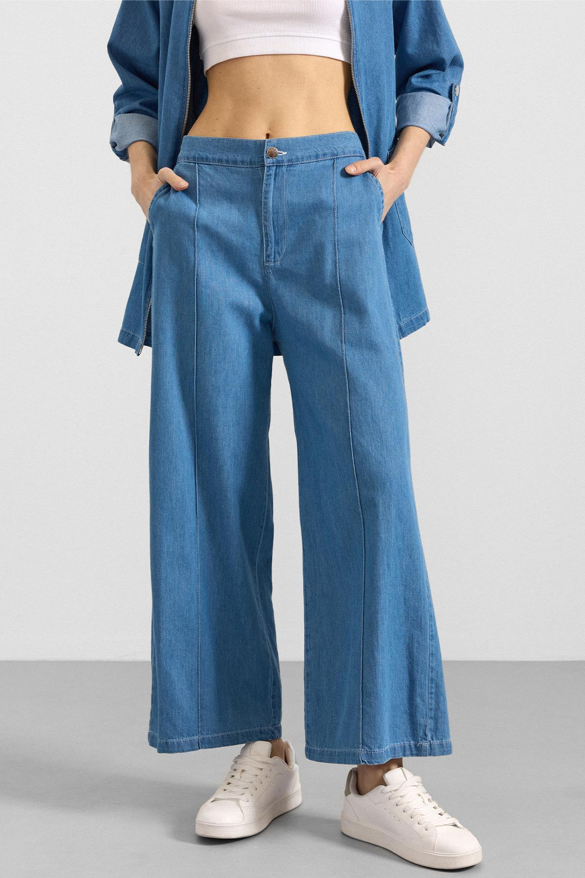 Fermuar Kapamalı Bol Paça Denim İkili Takım AÇIK MAVİ 9392-TK