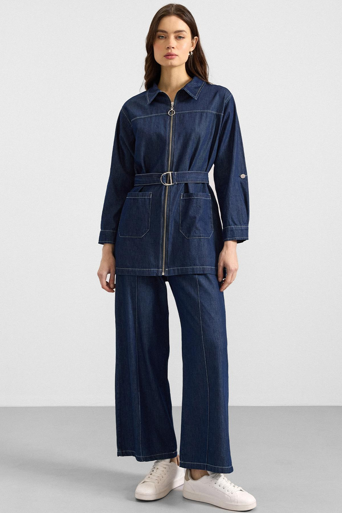 Fermuar Kapamalı Bol Paça Denim İkili Takım KOYU MAVİ 9392-TK