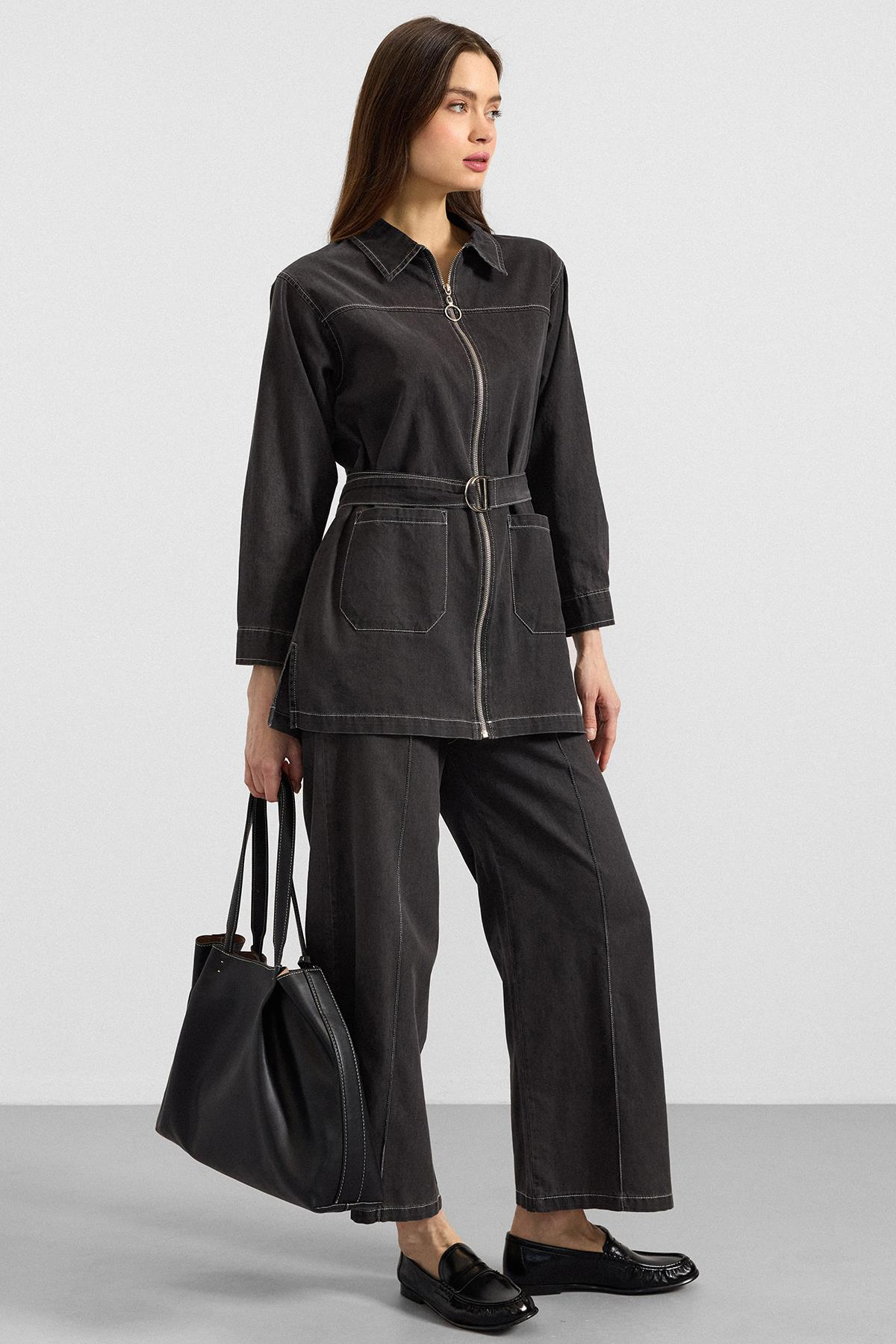 Fermuar Kapamalı Bol Paça Denim İkili Takım ANTRASİT 9392-TK