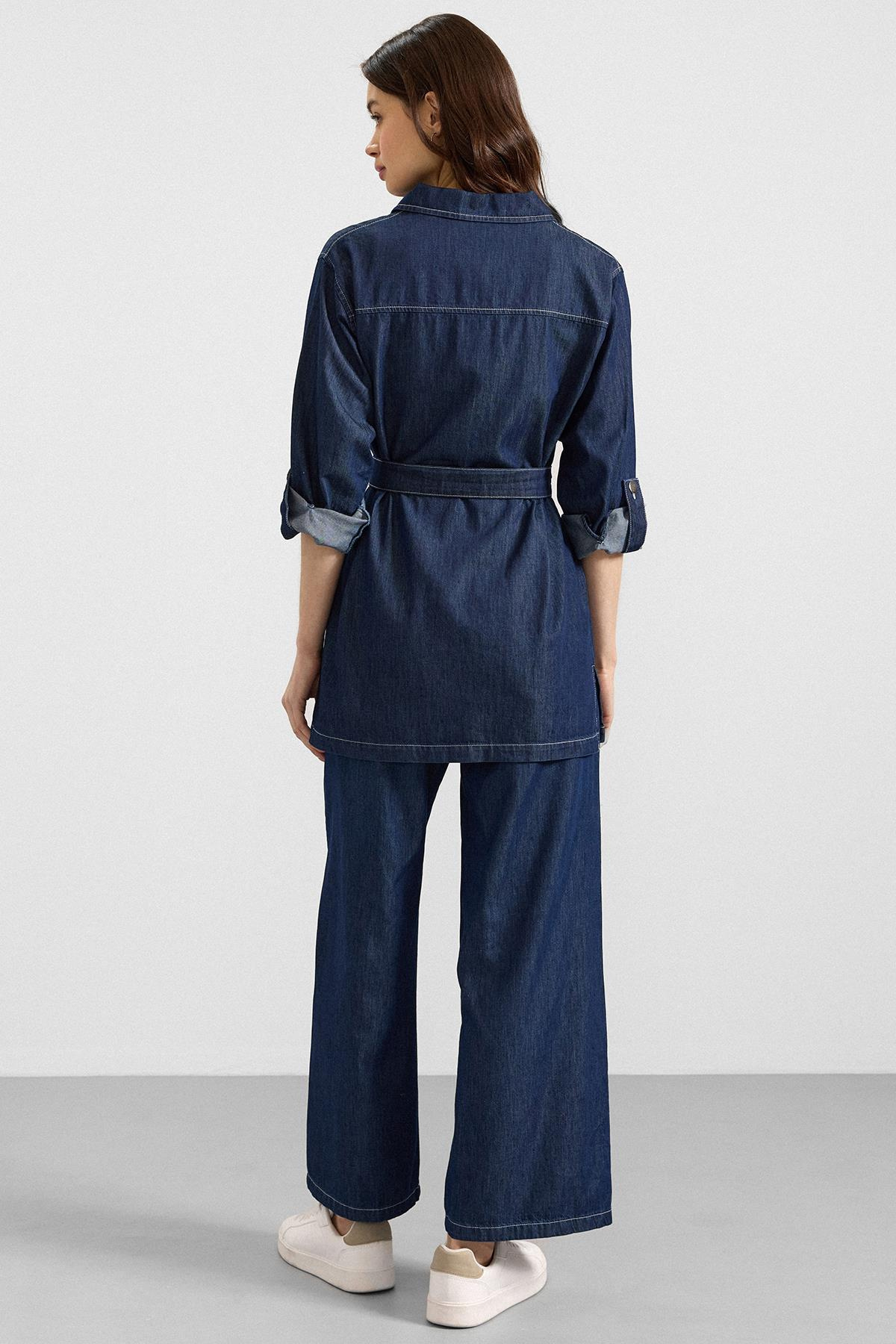 Fermuar Kapamalı Bol Paça Denim İkili Takım KOYU MAVİ 9392-TK