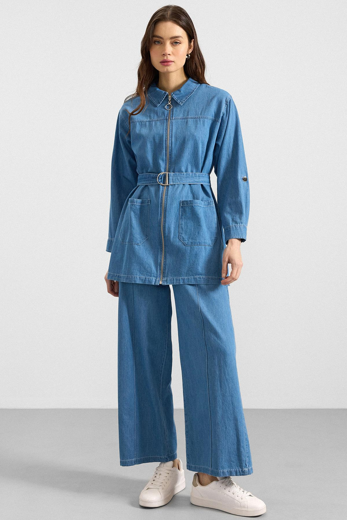 Fermuar Kapamalı Bol Paça Denim İkili Takım AÇIK MAVİ 9392-TK