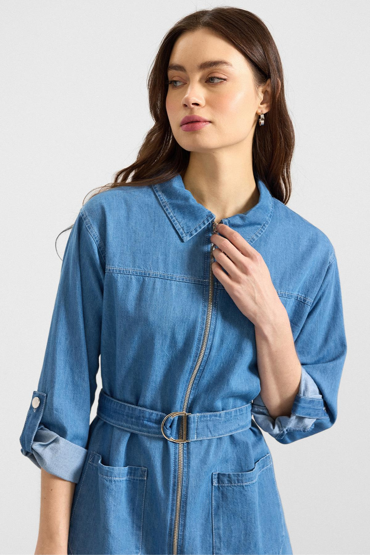 Fermuar Kapamalı Bol Paça Denim İkili Takım AÇIK MAVİ 9392-TK