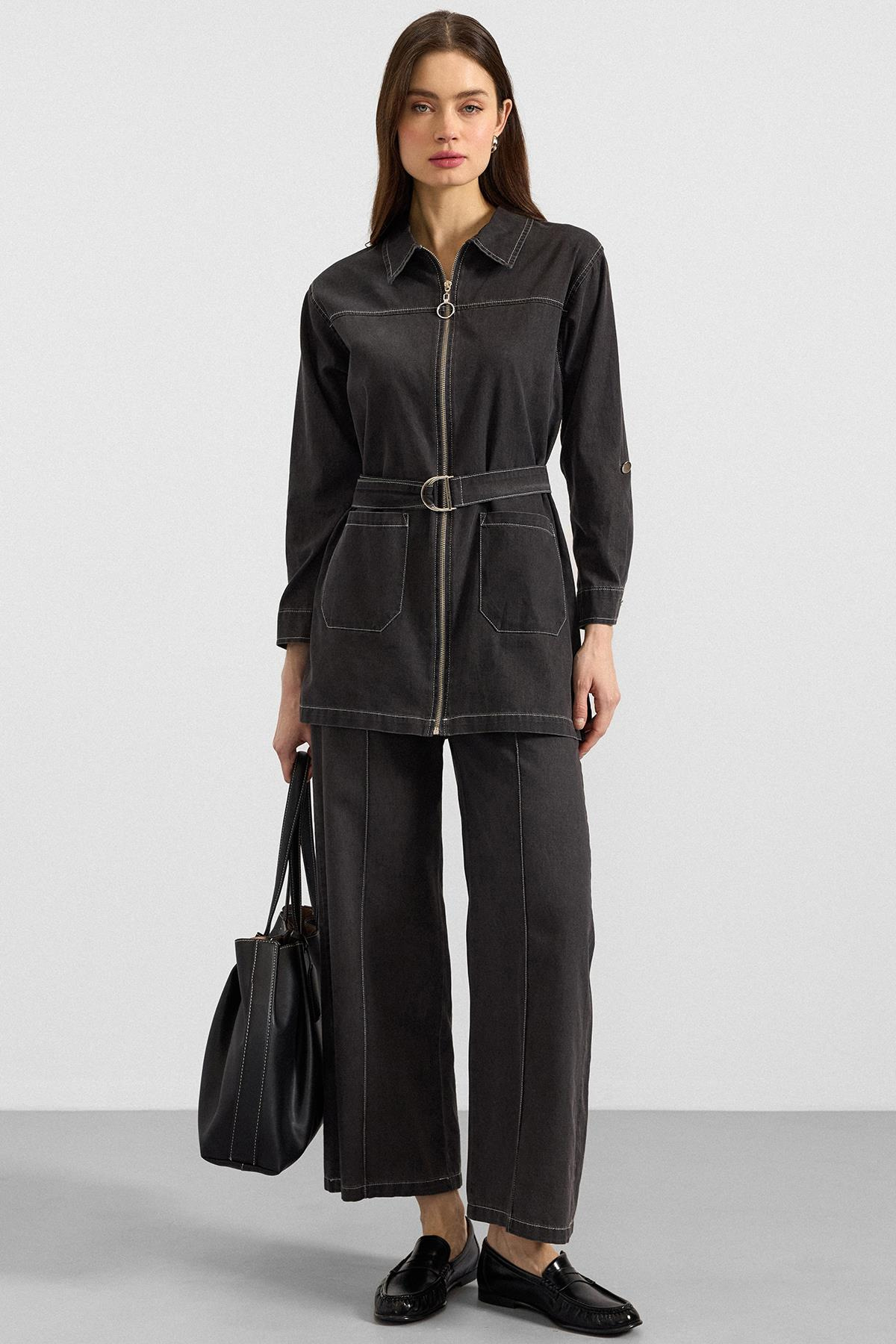 Fermuar Kapamalı Bol Paça Denim İkili Takım ANTRASİT 9392-TK