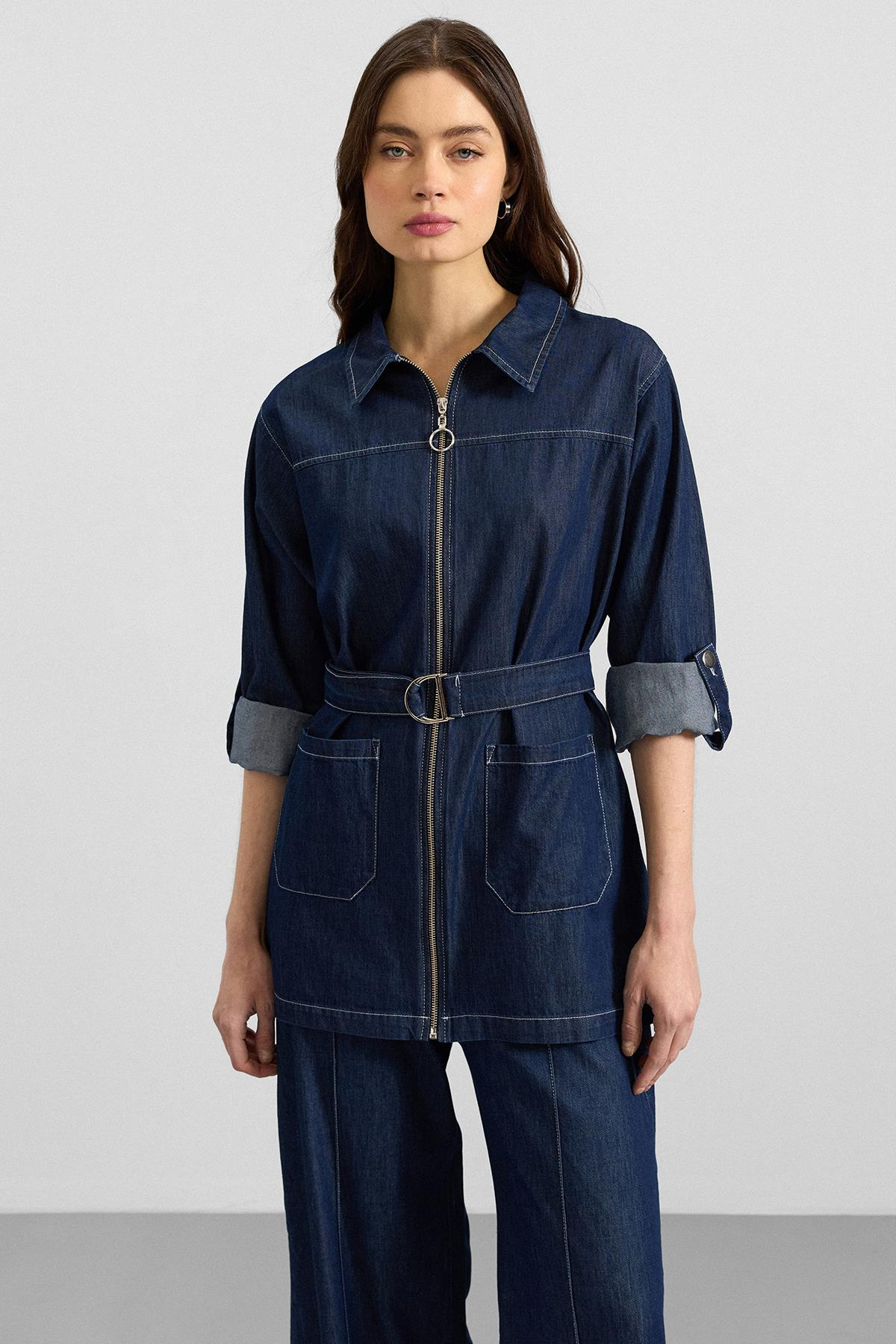 Fermuar Kapamalı Bol Paça Denim İkili Takım KOYU MAVİ 9392-TK