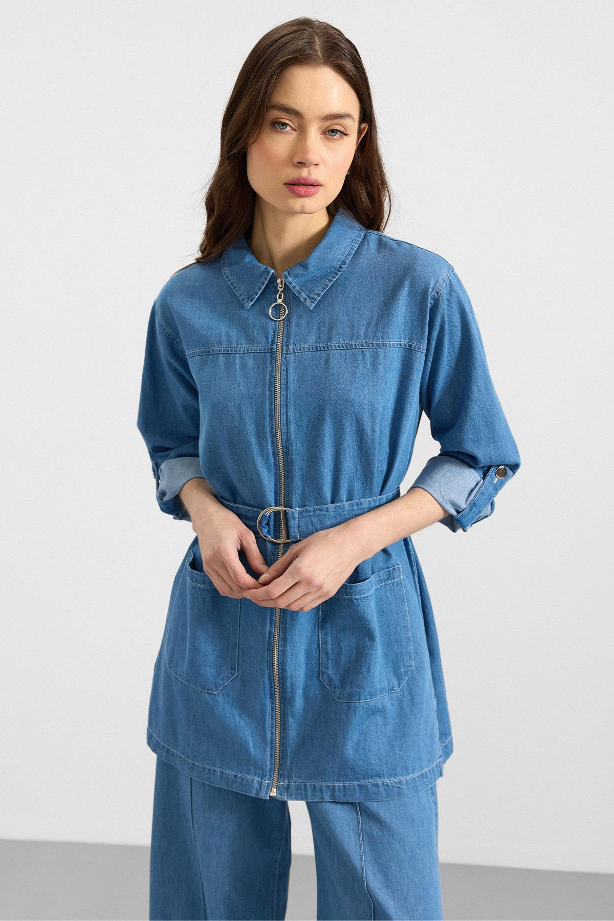 Fermuar Kapamalı Bol Paça Denim İkili Takım AÇIK MAVİ 9392-TK