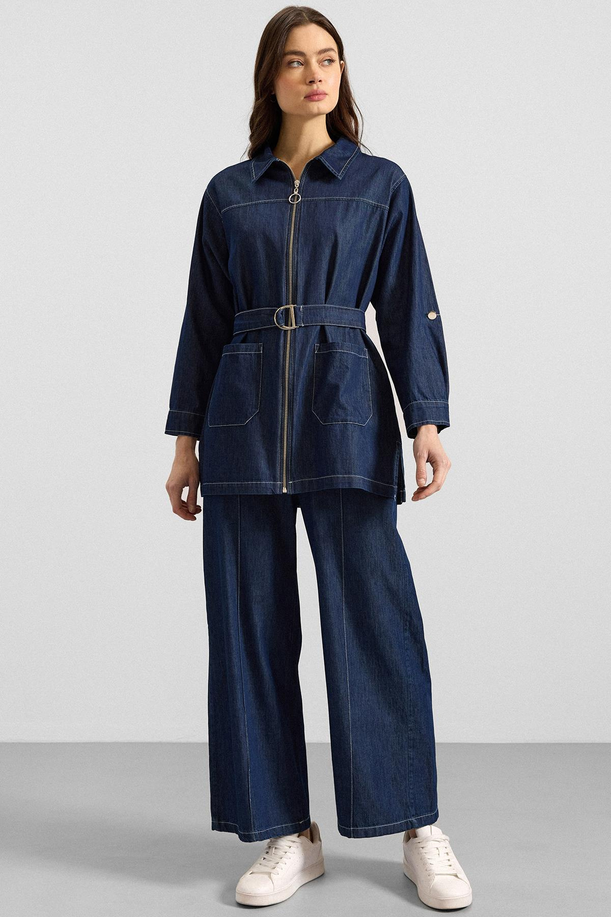 Fermuar Kapamalı Bol Paça Denim İkili Takım KOYU MAVİ 9392-TK