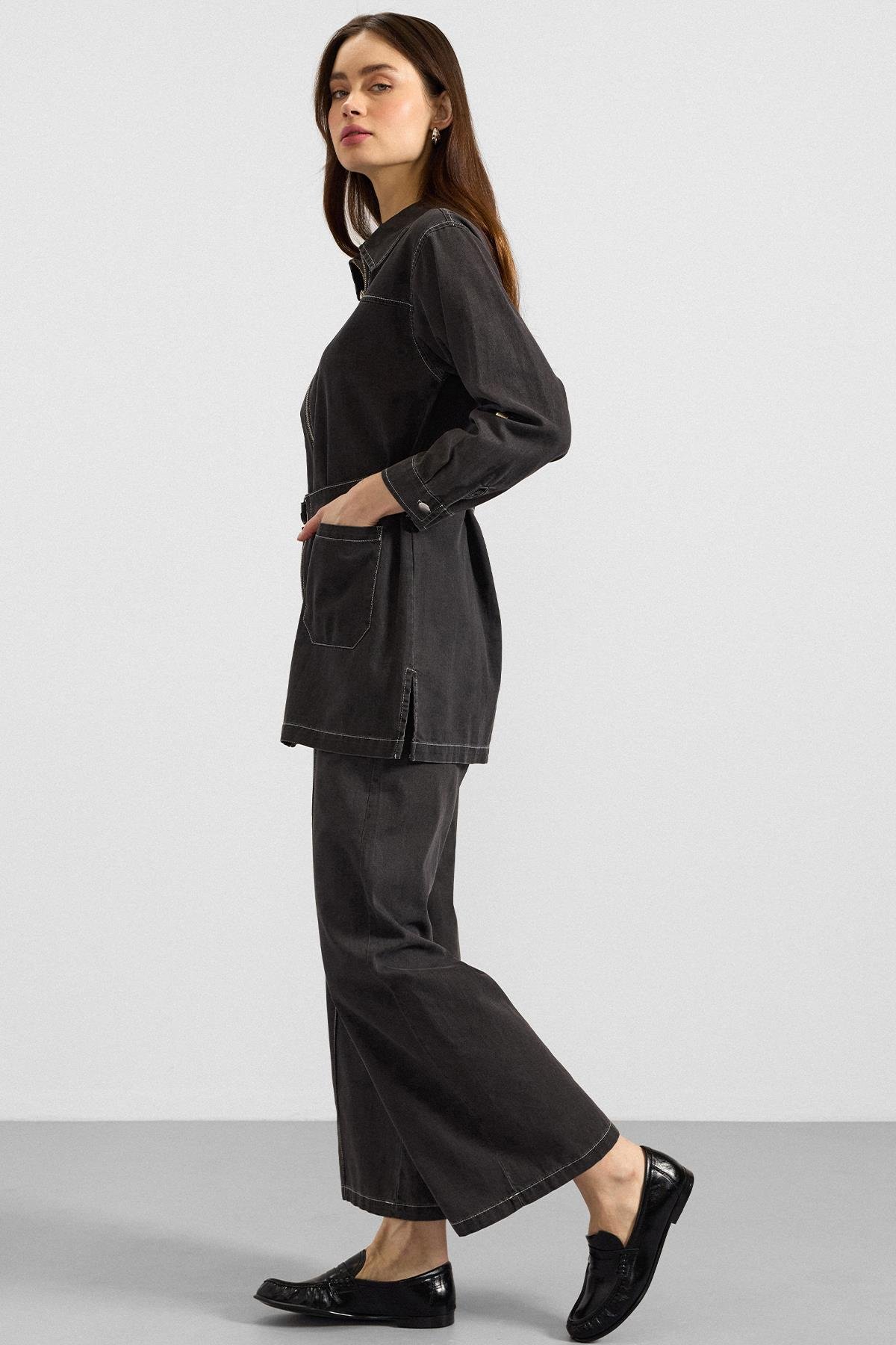 Fermuar Kapamalı Bol Paça Denim İkili Takım ANTRASİT 9392-TK