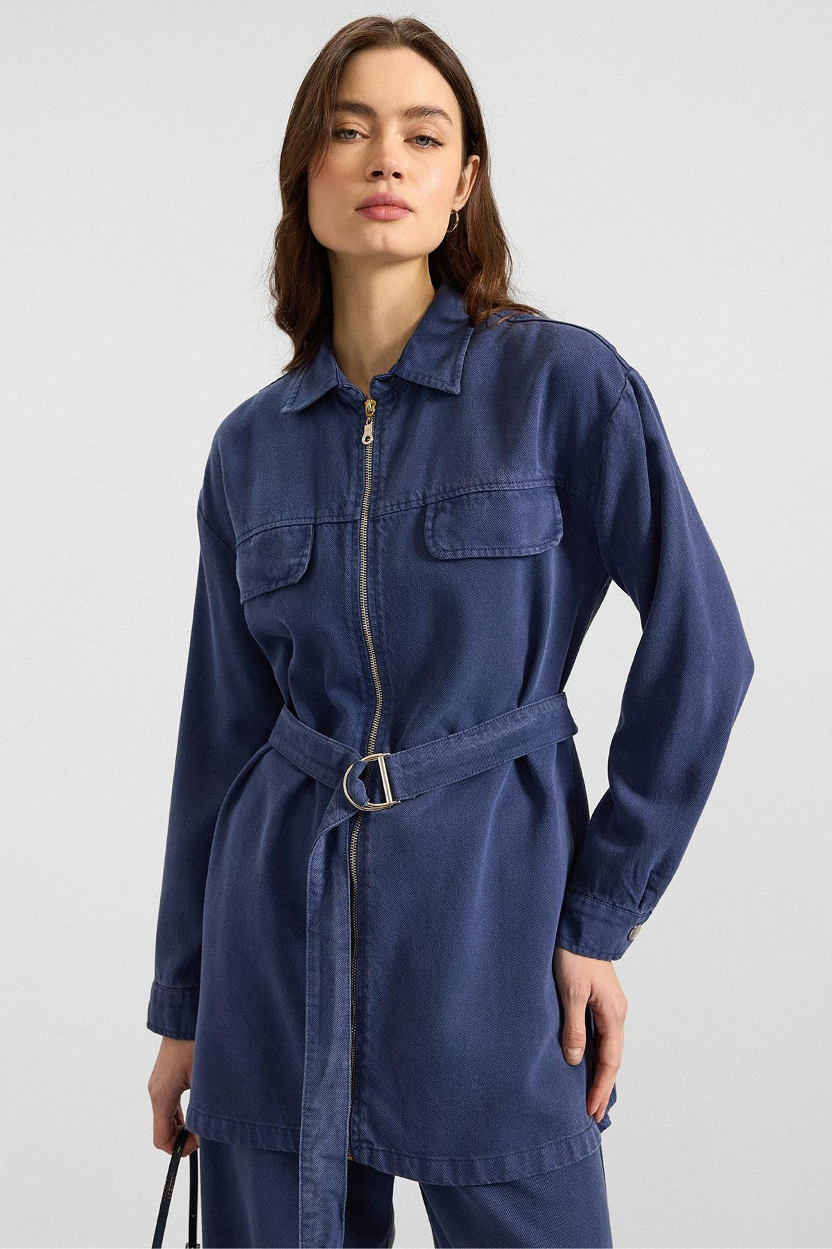 Fermuar Kapamalı Ceket Pantolon Soft Denim İkili Takım İNDİGO 9395-TK