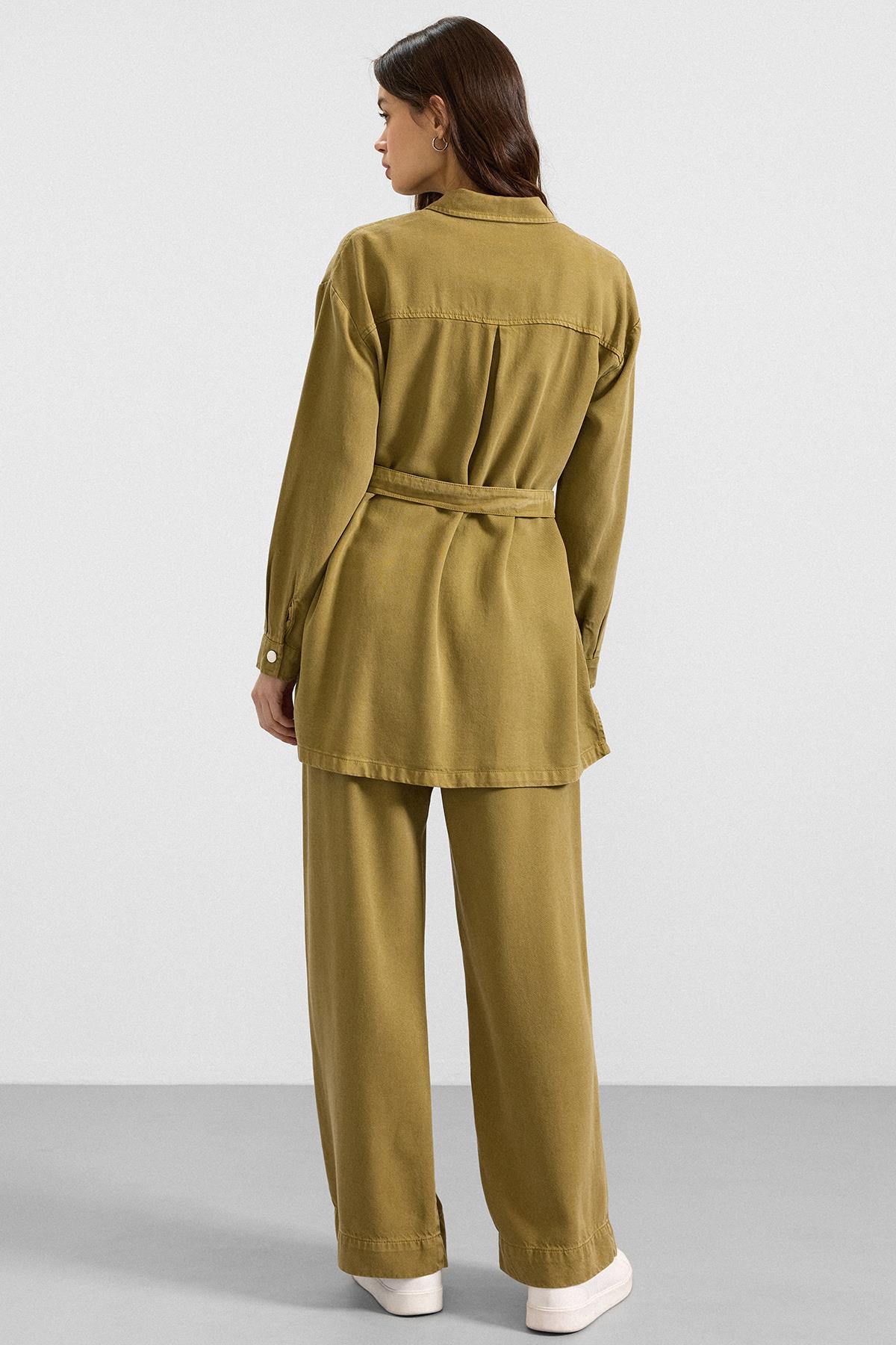 Fermuar Kapamalı Ceket Pantolon Soft Denim İkili Takım YAĞ YEŞİLİ 9395-TK