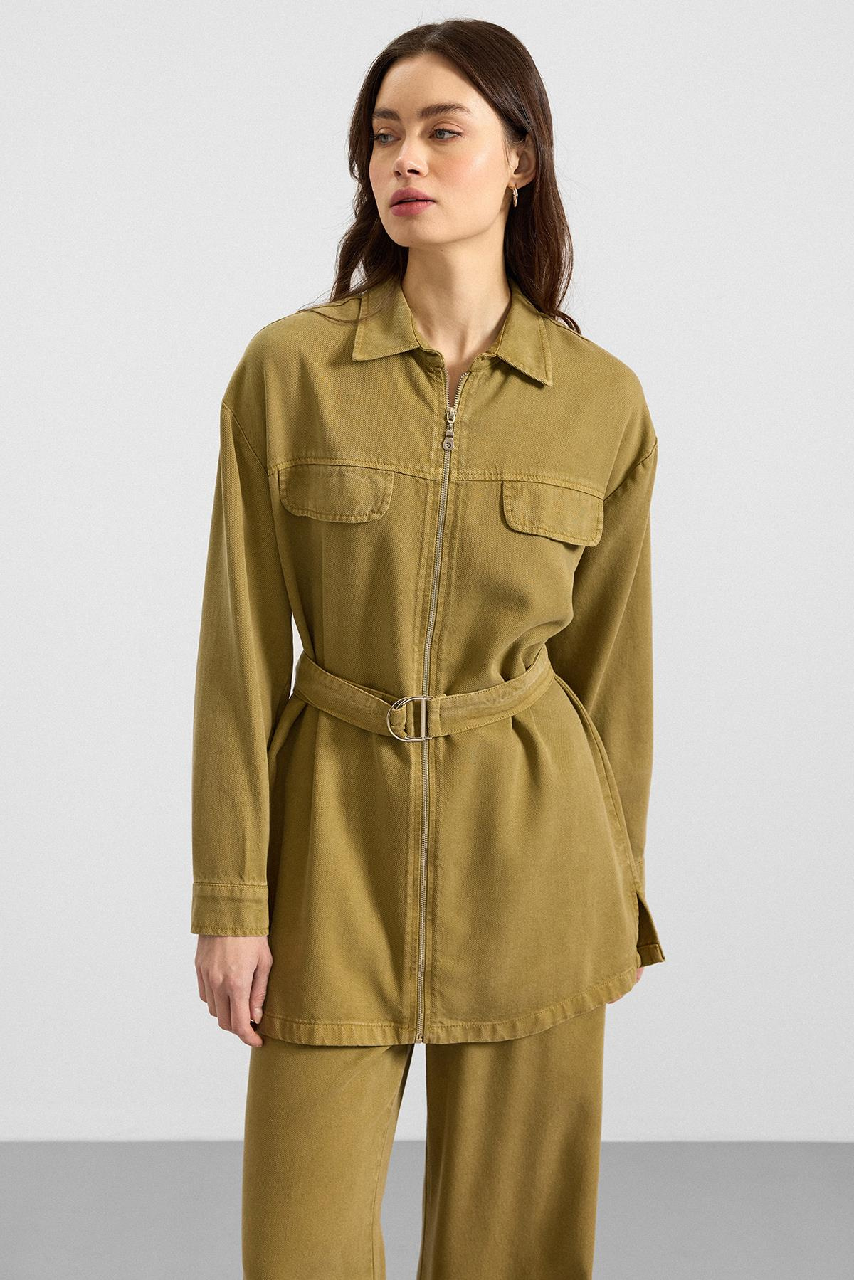 Fermuar Kapamalı Ceket Pantolon Soft Denim İkili Takım YAĞ YEŞİLİ 9395-TK