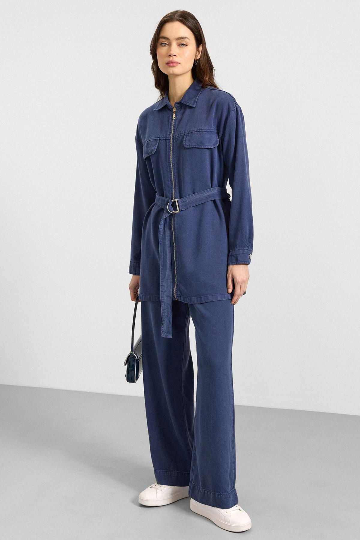 Fermuar Kapamalı Ceket Pantolon Soft Denim İkili Takım İNDİGO 9395-TK