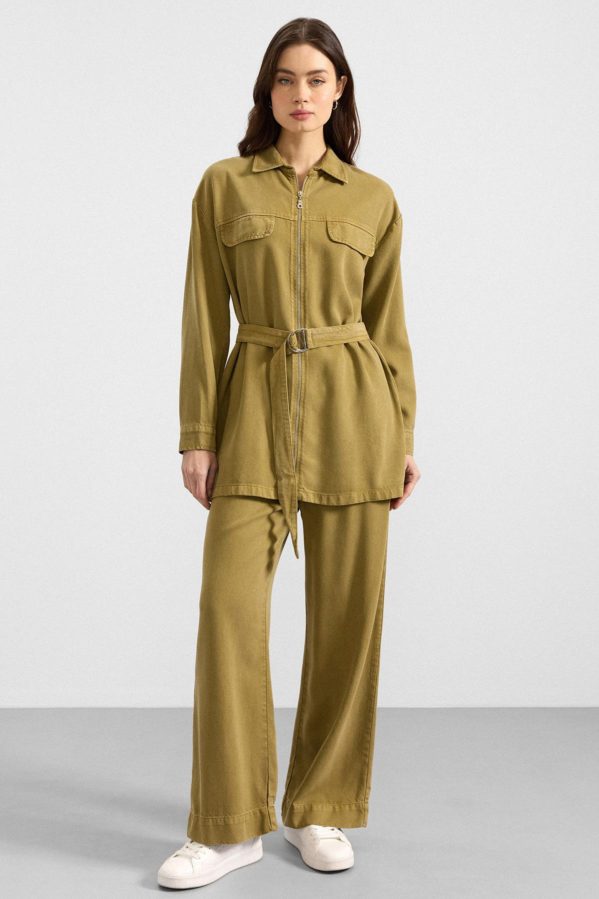 Fermuar Kapamalı Ceket Pantolon Soft Denim İkili Takım YAĞ YEŞİLİ 9395-TK