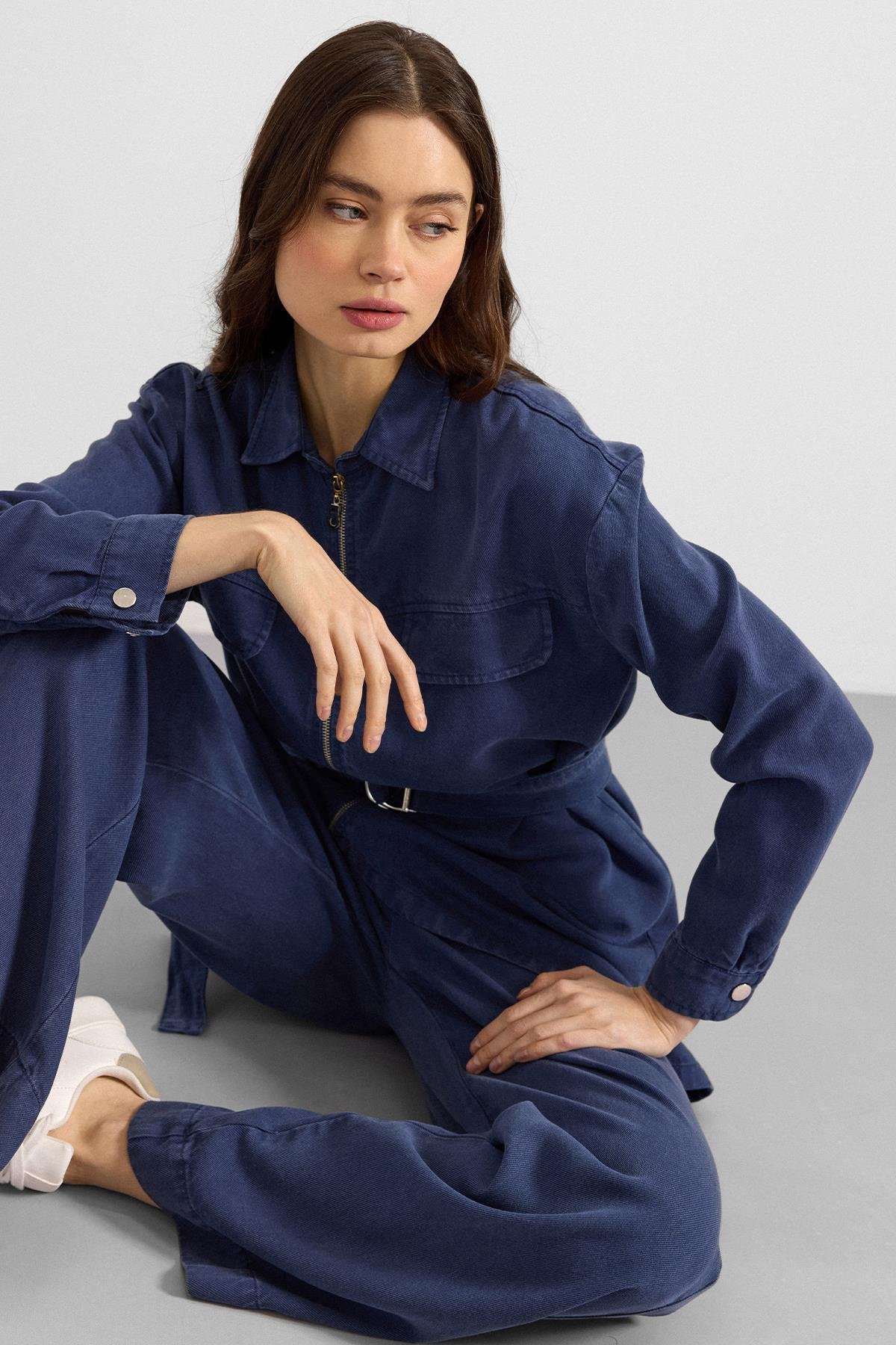 Fermuar Kapamalı Ceket Pantolon Soft Denim İkili Takım İNDİGO 9395-TK