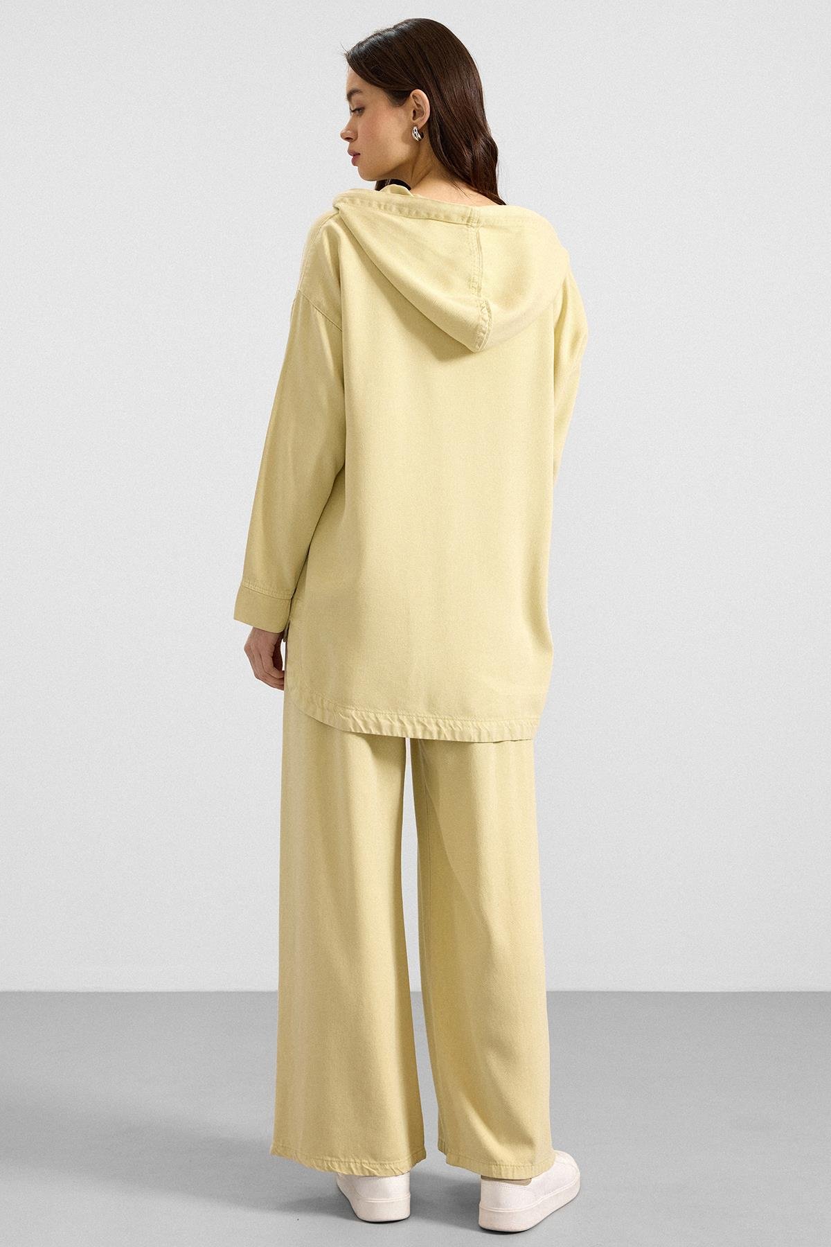 Fermuar Kapamalı Kapüşonlu Soft Denim Ceket Pantolon İkili Takım SARI 9402-TK