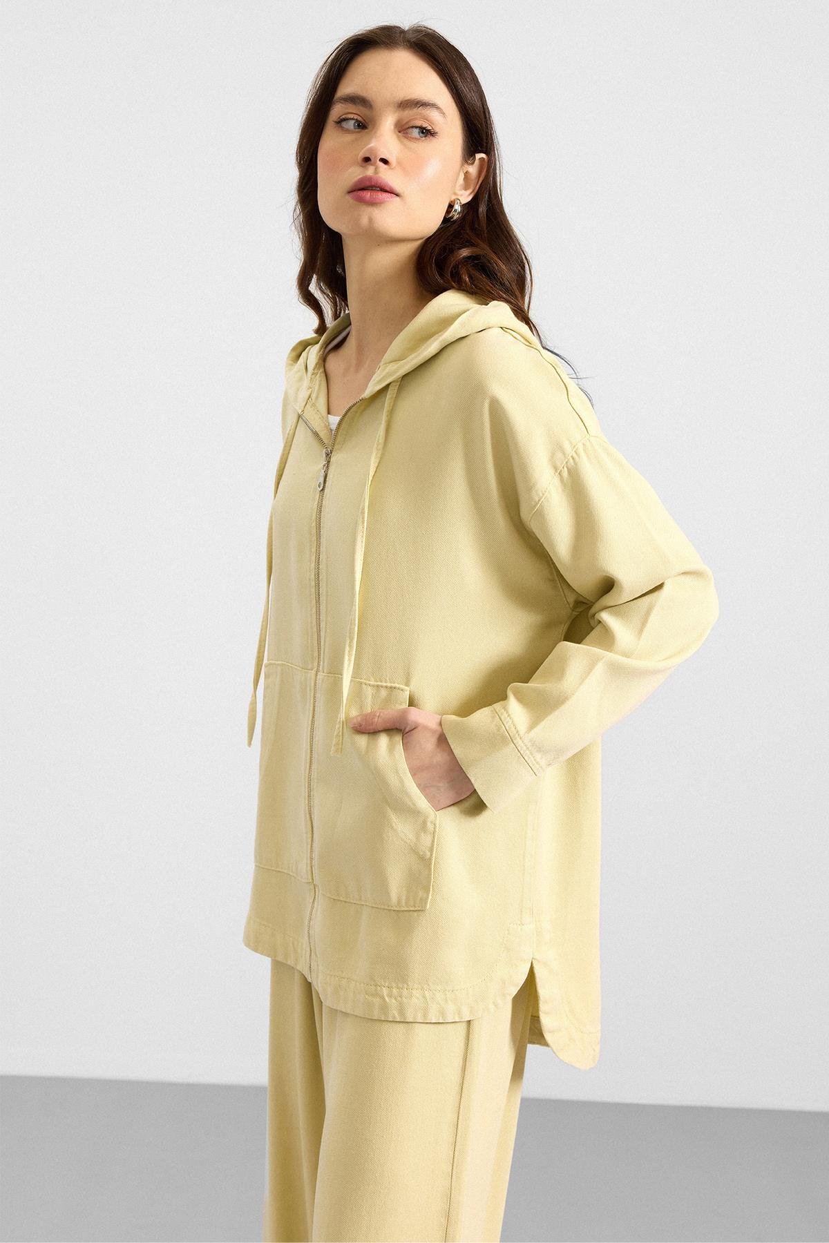 Fermuar Kapamalı Kapüşonlu Soft Denim Ceket Pantolon İkili Takım SARI 9402-TK