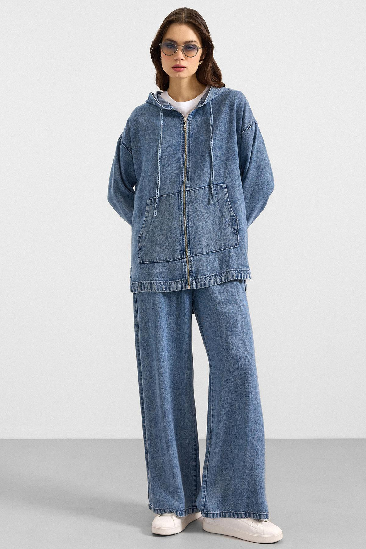 Fermuar Kapamalı Kapüşonlu Soft Denim Ceket Pantolon İkili Takım MAVİ 9402-TK